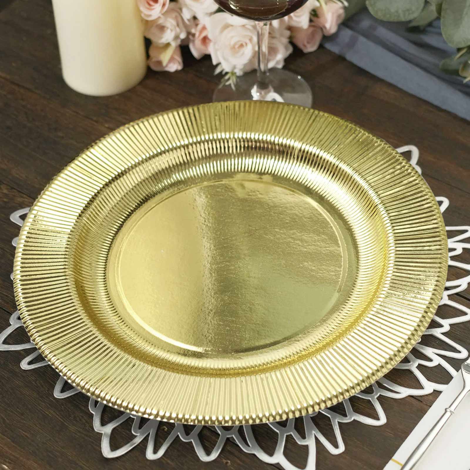 25-Pack Paper 10 Round Dinner Plates in Metallic Gold Sunray Design - Disposable Heavy Duty 350GSM Party Plates