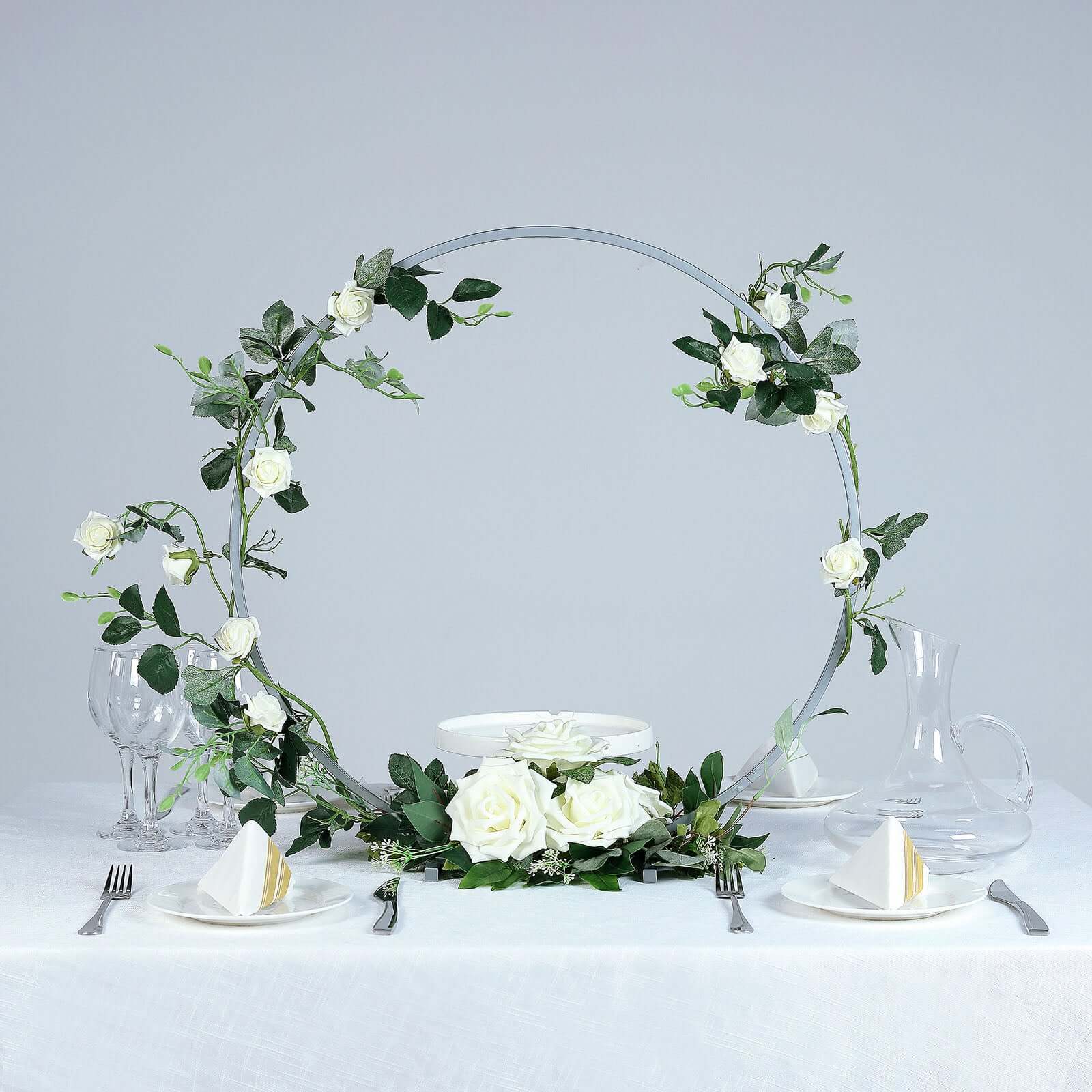 24 Silver Round Arch Wedding Centerpiece, Metal Hoop Wreath Tabletop Decor