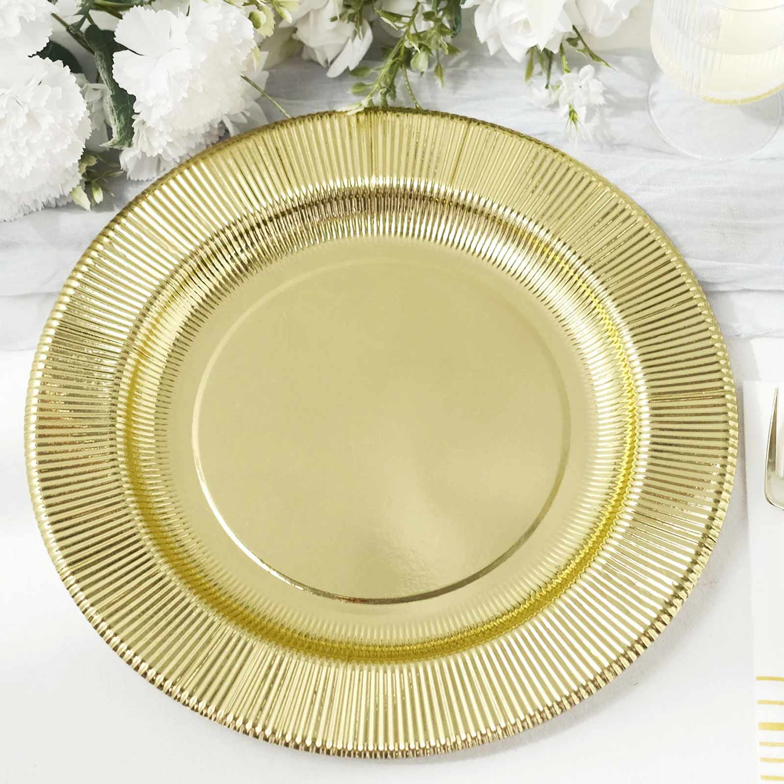 25-Pack Paper 10 Round Dinner Plates in Metallic Gold Sunray Design - Disposable Heavy Duty 350GSM Party Plates