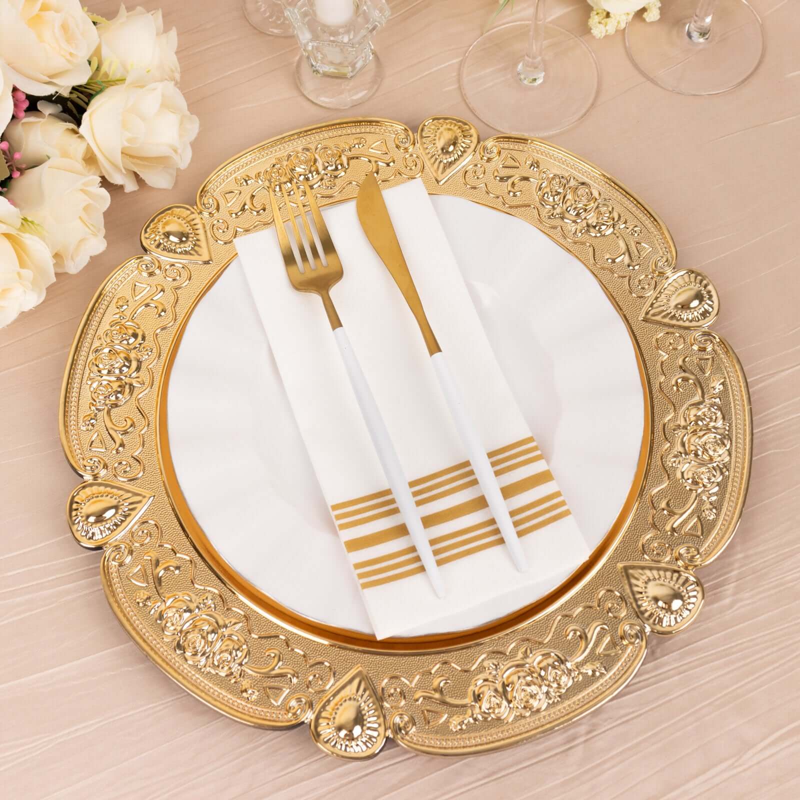 6-Pack Acrylic Round Charger Plates 13 in Gold Floral Embossed with Scalloped Rim, Plastic Decorative Charger Tableware