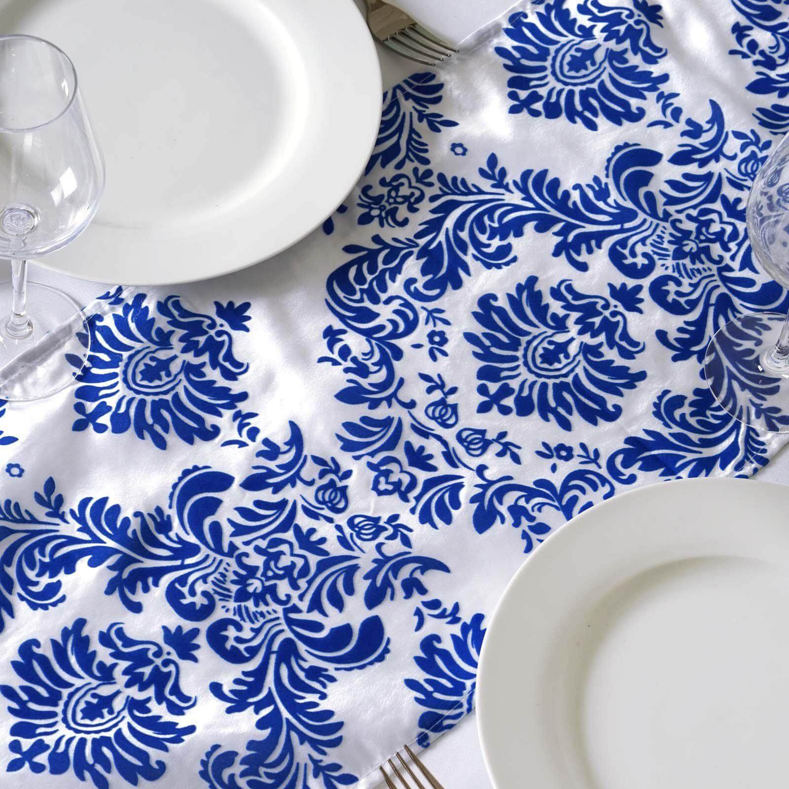 Taffeta Flocking 12x108 Table Runner Royal Blue Damask - Stylish Table Accent