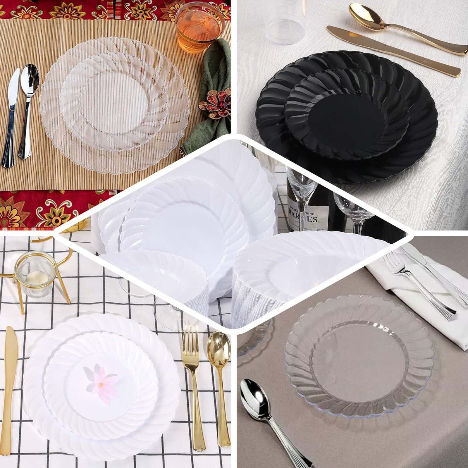 12-Pack Plastic Dessert Plates White Flair Rim - Sturdy Disposable Salad Plates 7.5