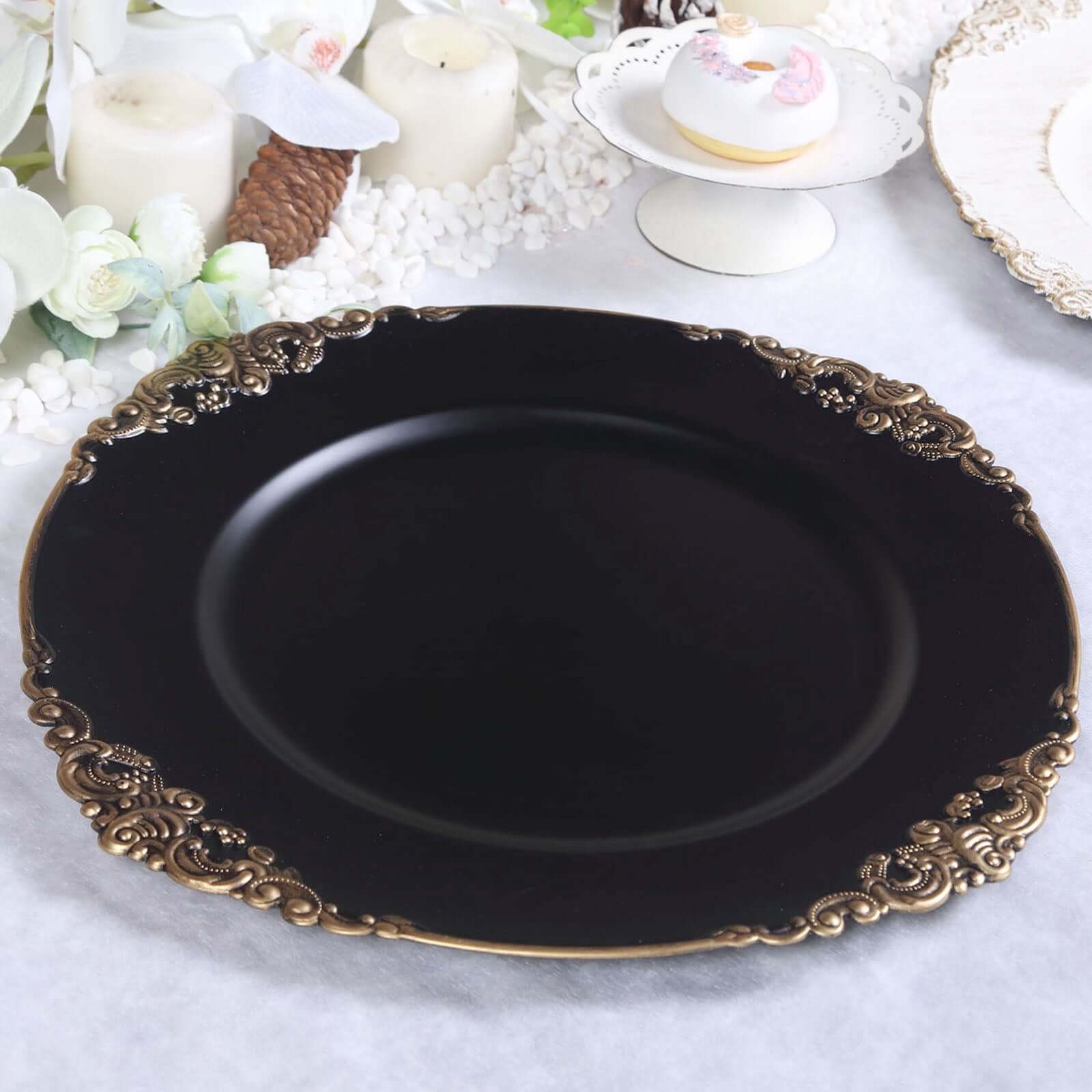 6-Pack Acrylic Round Charger Plates 13 in Matte Black with Gold Embossed Baroque Rim, Antique Decorative Dinner Party Charger Tableware