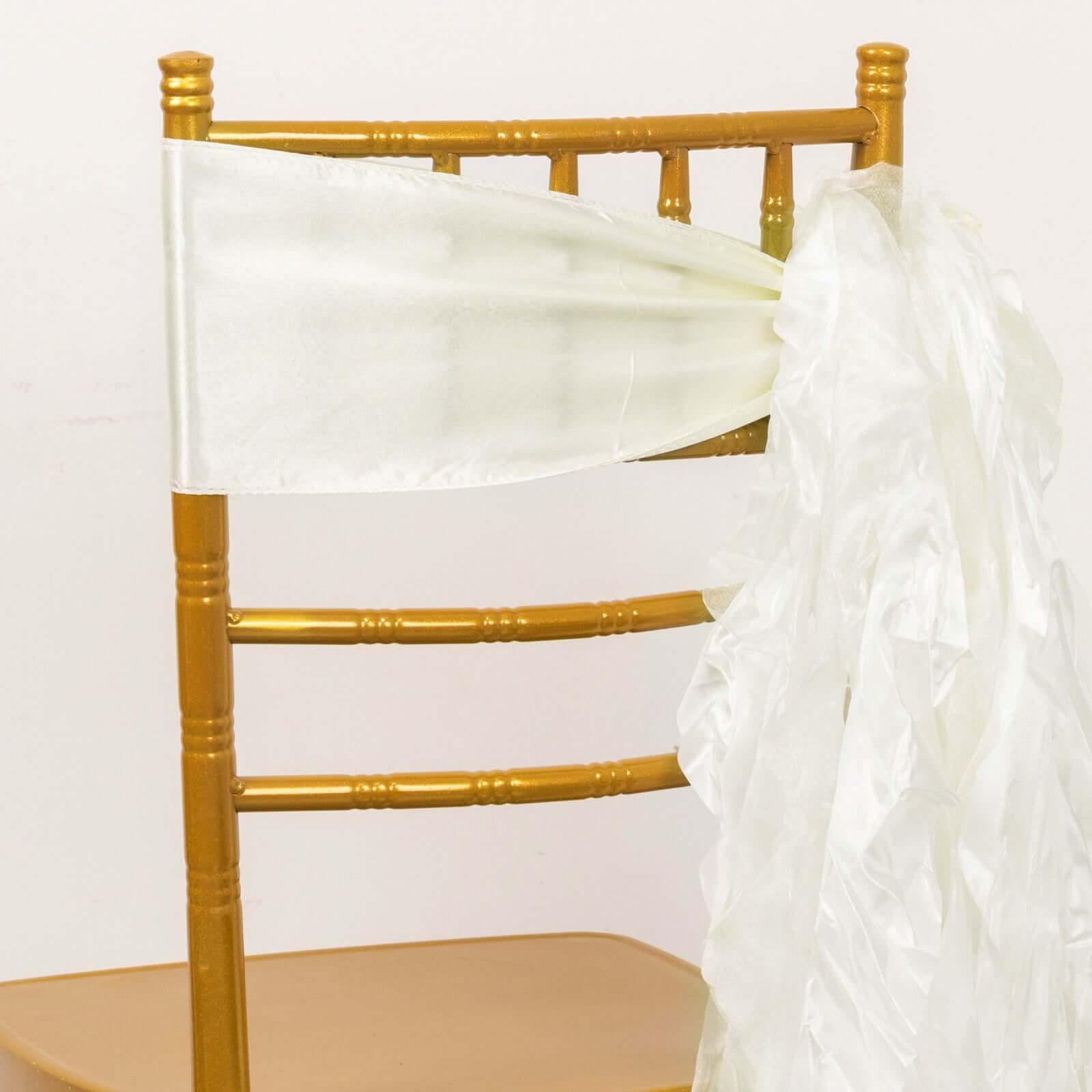 5 Pack Chiffon Satin Chair Sashes Ivory - Easy to Install Ruffled Curly Willow