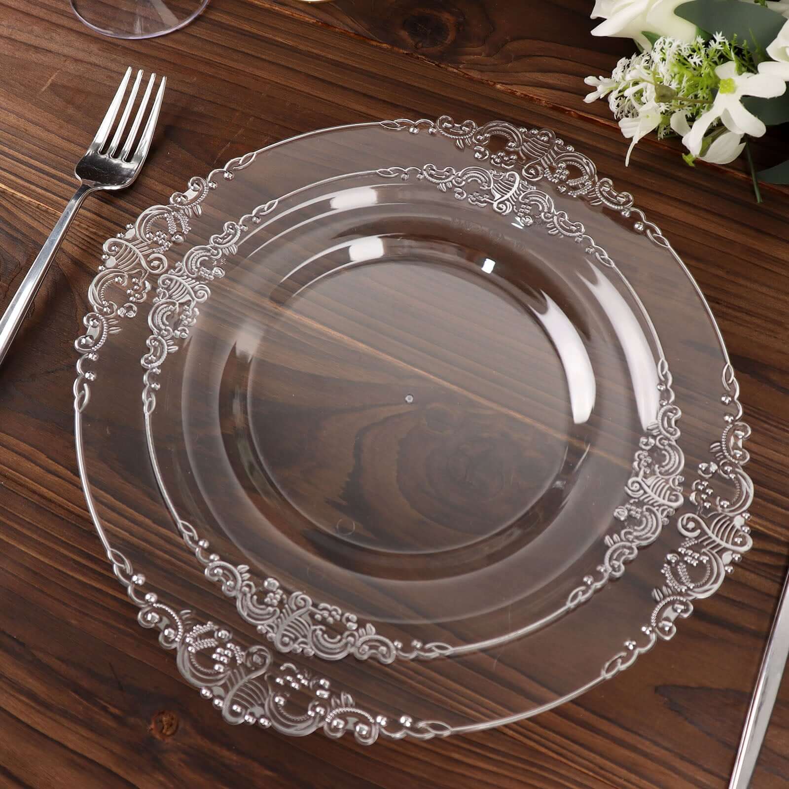 10-Pack Plastic 8 Round Dessert Plates in Clear with Silver Leaf Embossed Rim - Disposable Vintage Baroque Style Salad Plates