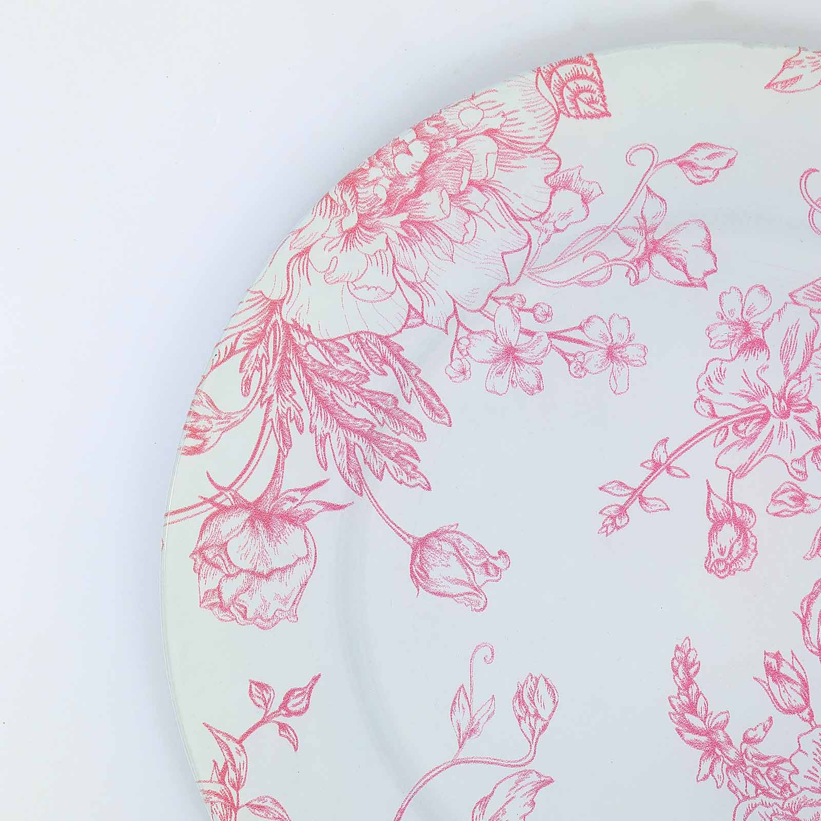 6-Pack Acrylic Round Charger Plates 13 in White with Pink Floral French Toile Pattern, Decorative Dinner Party Charger Tableware