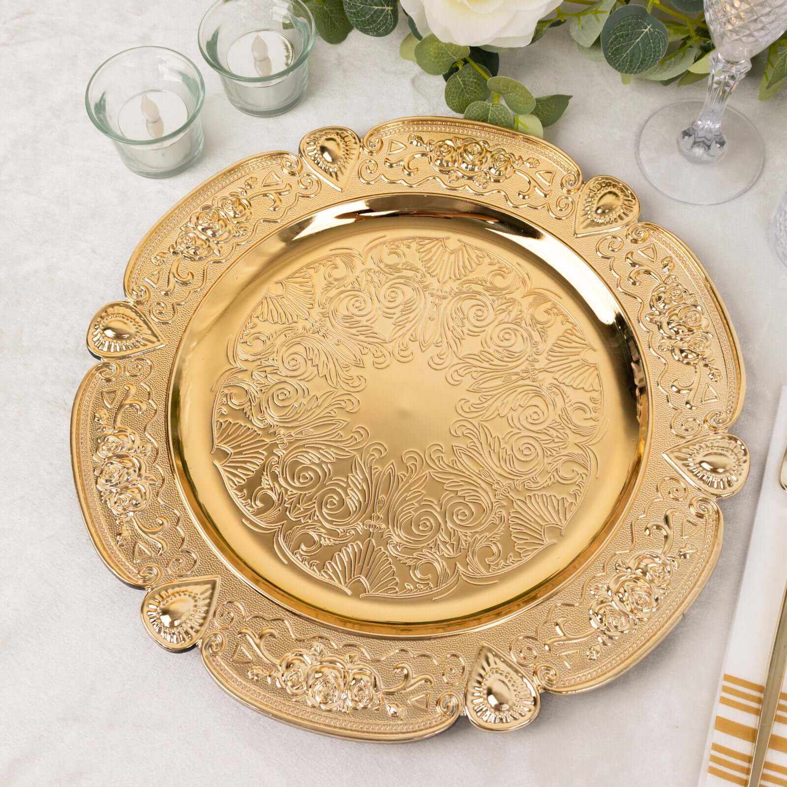 6-Pack Acrylic Round Charger Plates 13 in Gold Floral Embossed with Scalloped Rim, Plastic Decorative Charger Tableware