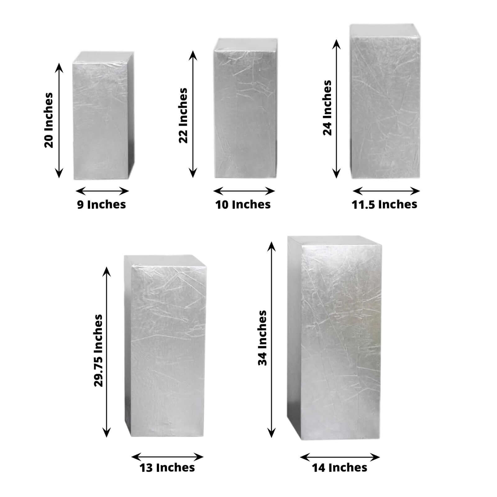 Set of 5 Metallic Silver Spandex Rectangle Pedestal Stand Covers, Stretchable Pillar Prop Covers - 160 GSM