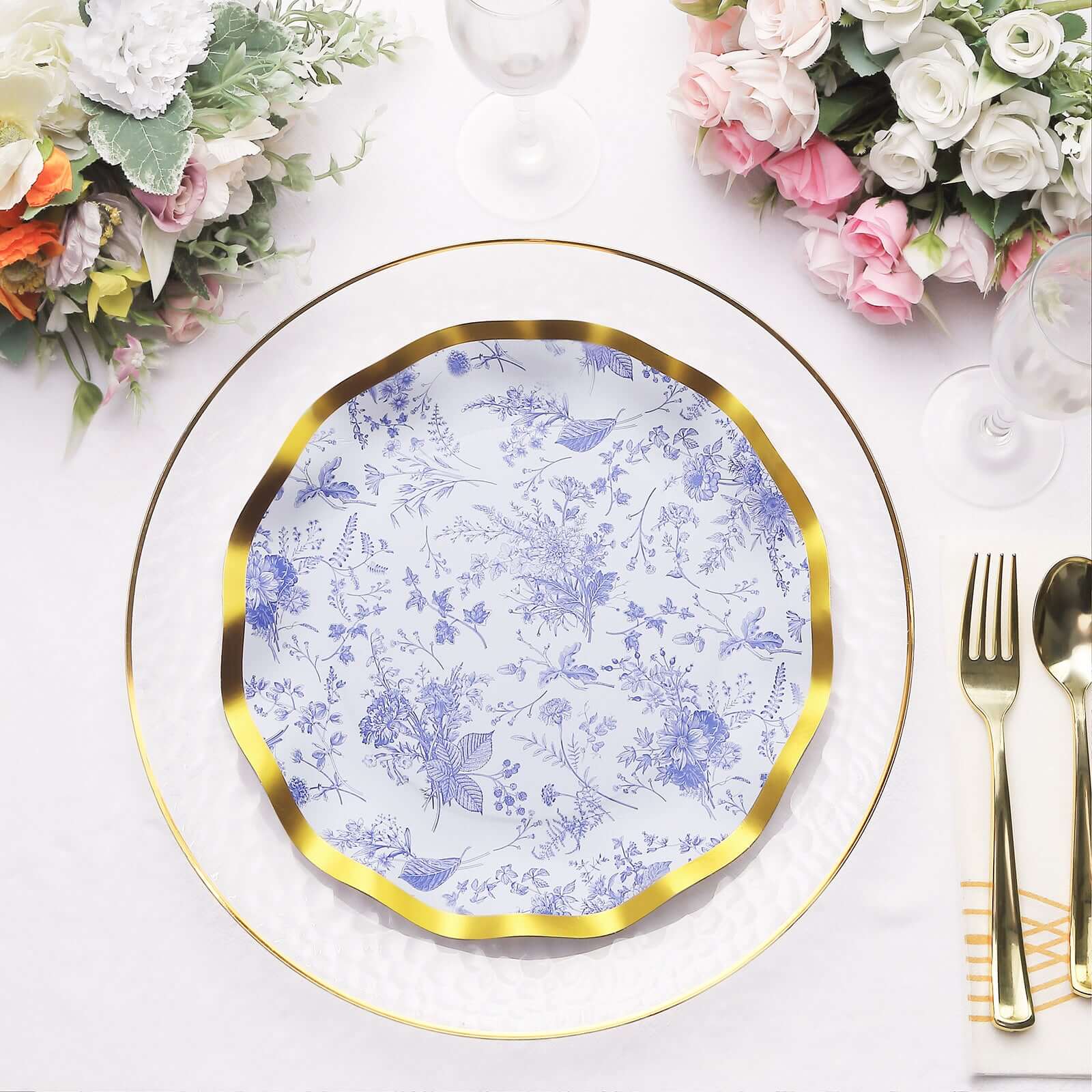 25-Pack Paper Round Dinner Plates 10 in White with Blue French Toile Pattern & Gold Wavy Rim - Disposable 350GSM Party Plates