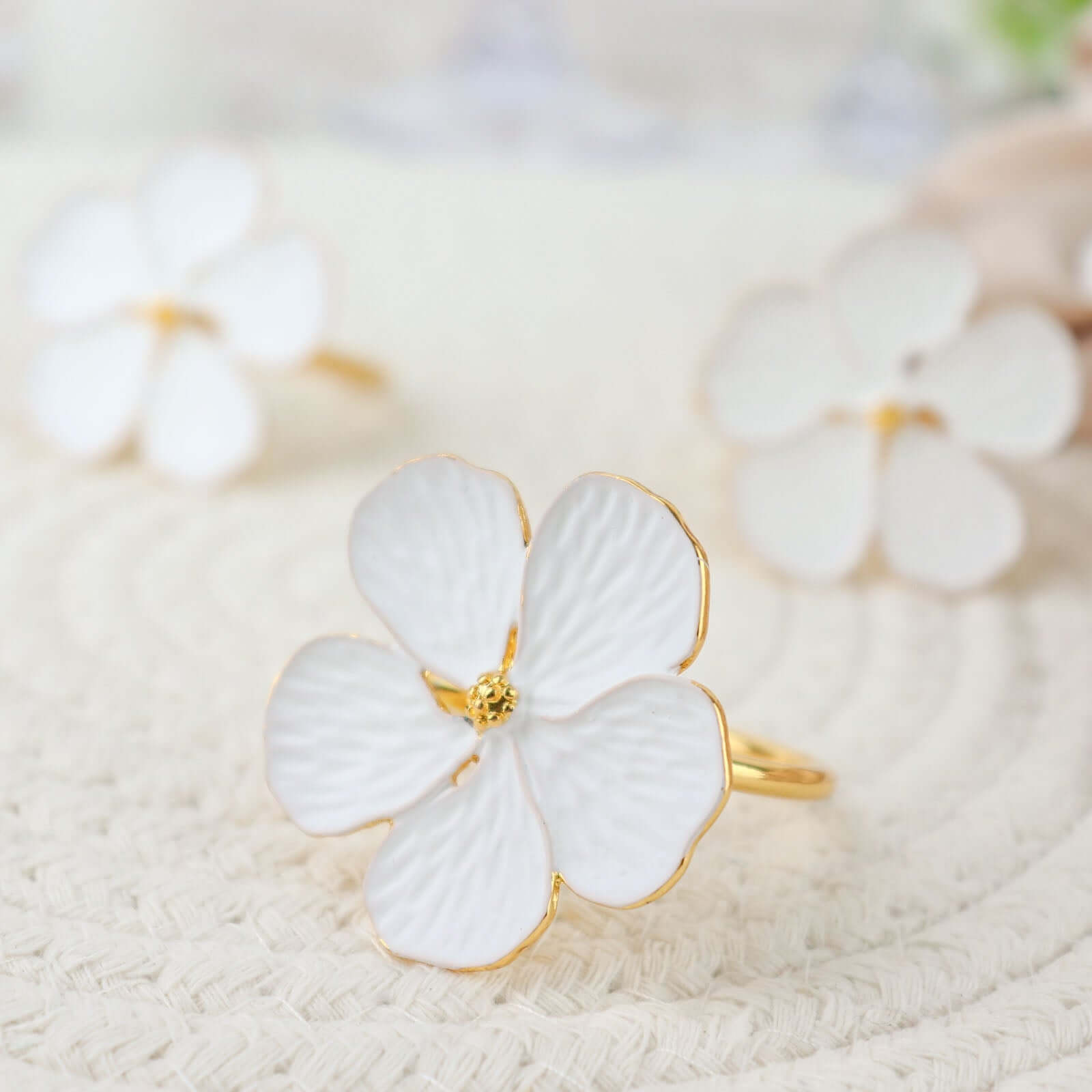 4 Pack White and Gold Metal Flower Napkin Rings, Floral Serviette Buckle Napkin Holder Set - Plum Blossom Design