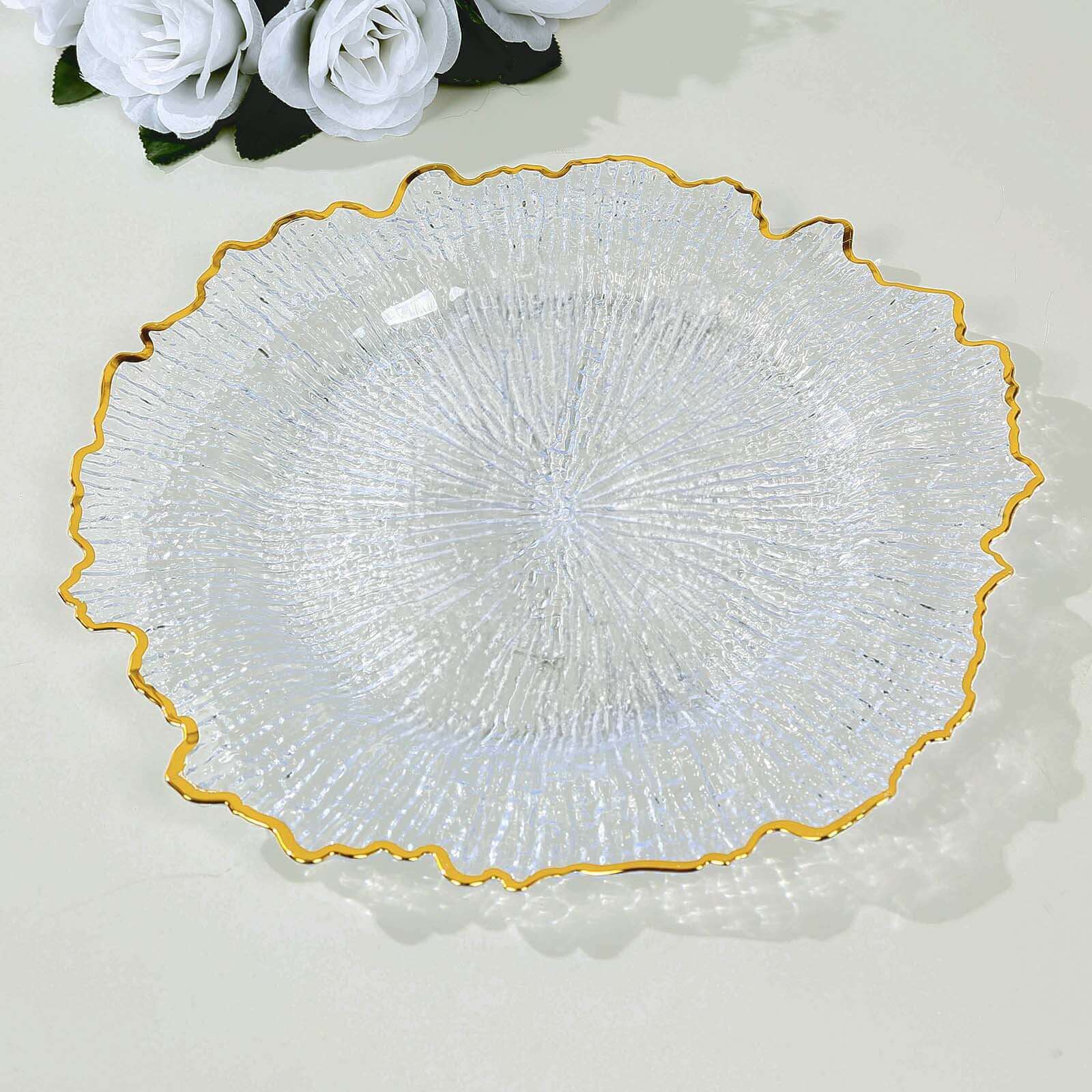 6-Pack Plastic Round Charger Plates 12 in Clear Reef Design with Gold Rim, Decorative Dinner Party Serving Plates