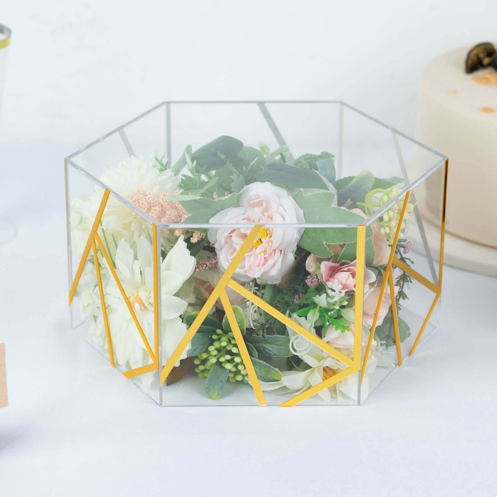 Acrylic Cake Stand Pedestal Riser Box Hexagonal Design Clear and Gold 10x5 - Decorative Event Display