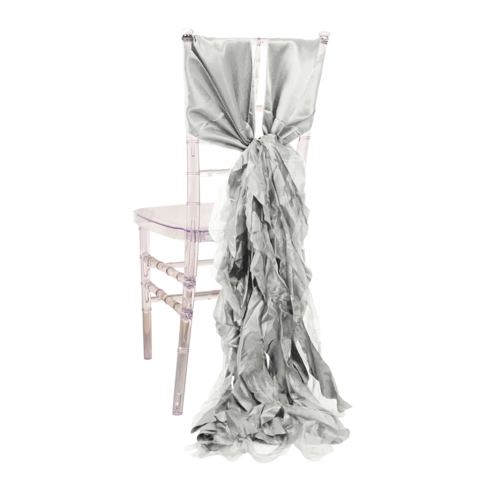 5 Pack Chiffon Satin Chair Sashes Silver - Easy to Install Ruffled Curly Willow