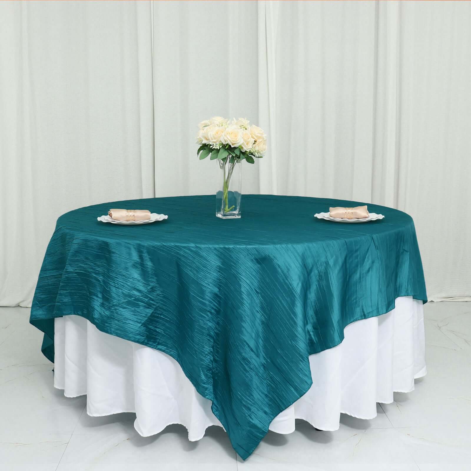 Taffeta 90x90 Table Overlay Square Tablecloth Peacock Teal - Accordion Crinkle Table Cover