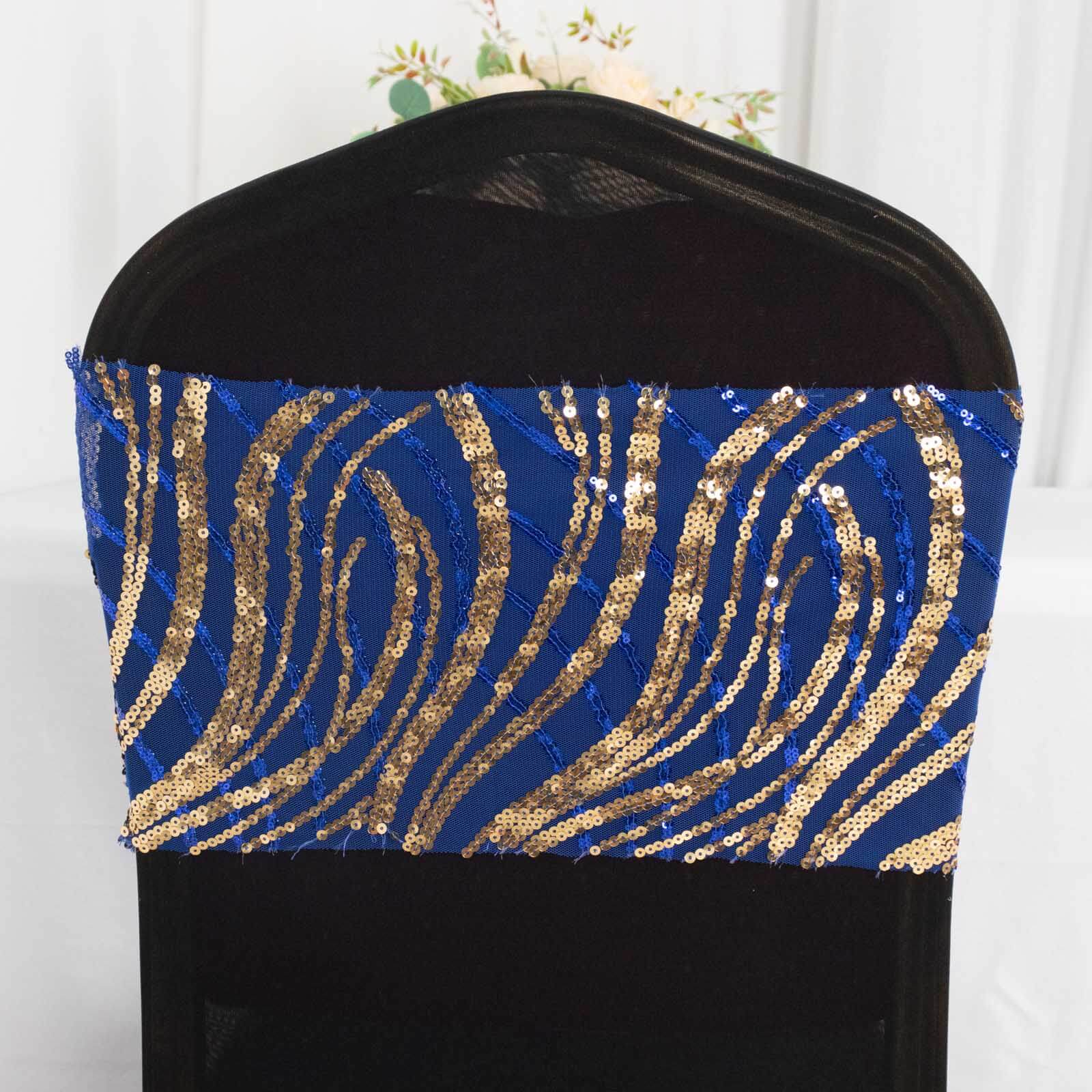 5 Pack Chair Sash Bands with Wave Embroidered Sequins Royal Blue/Gold