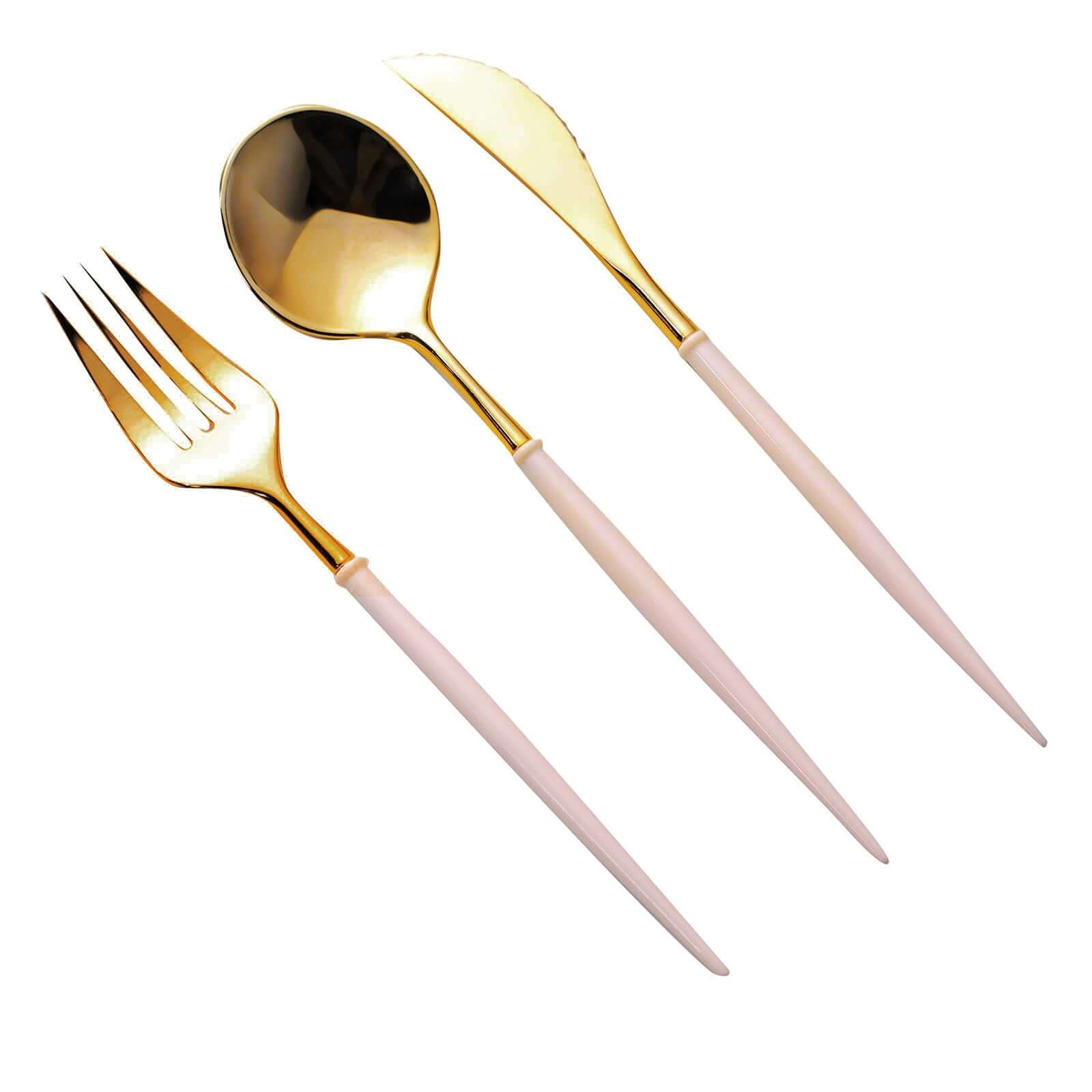 24-Pack Plastic Flatware Set in Metallic Gold with Blush Handle - Heavy Duty Disposable Modern Silverware 8