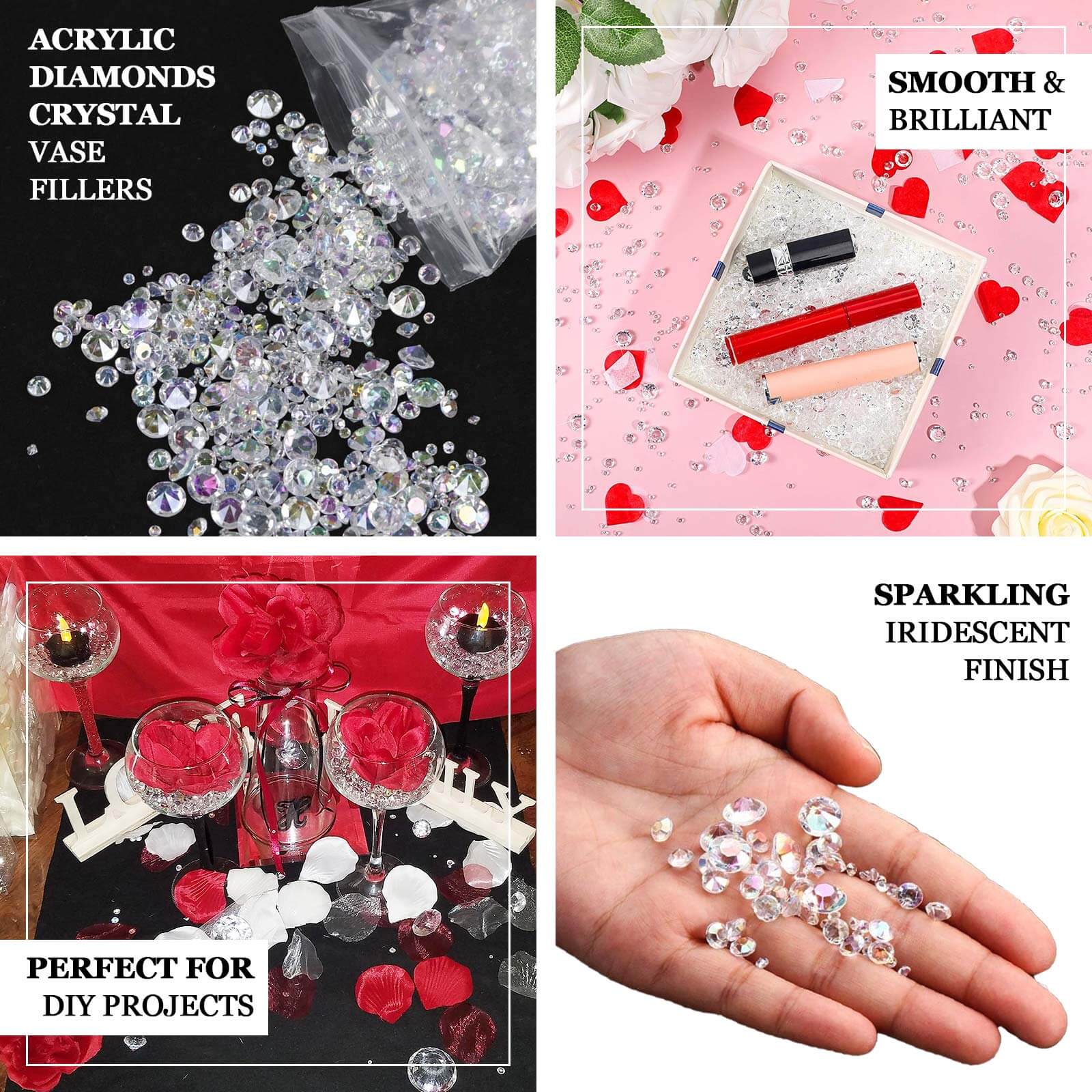 4000 Pcs Acrylic Diamond Vase Fillers Iridescent - Lustrous DIY Beads & Table Scatters for Wedding Decor 3mm, 6mm, 10mm