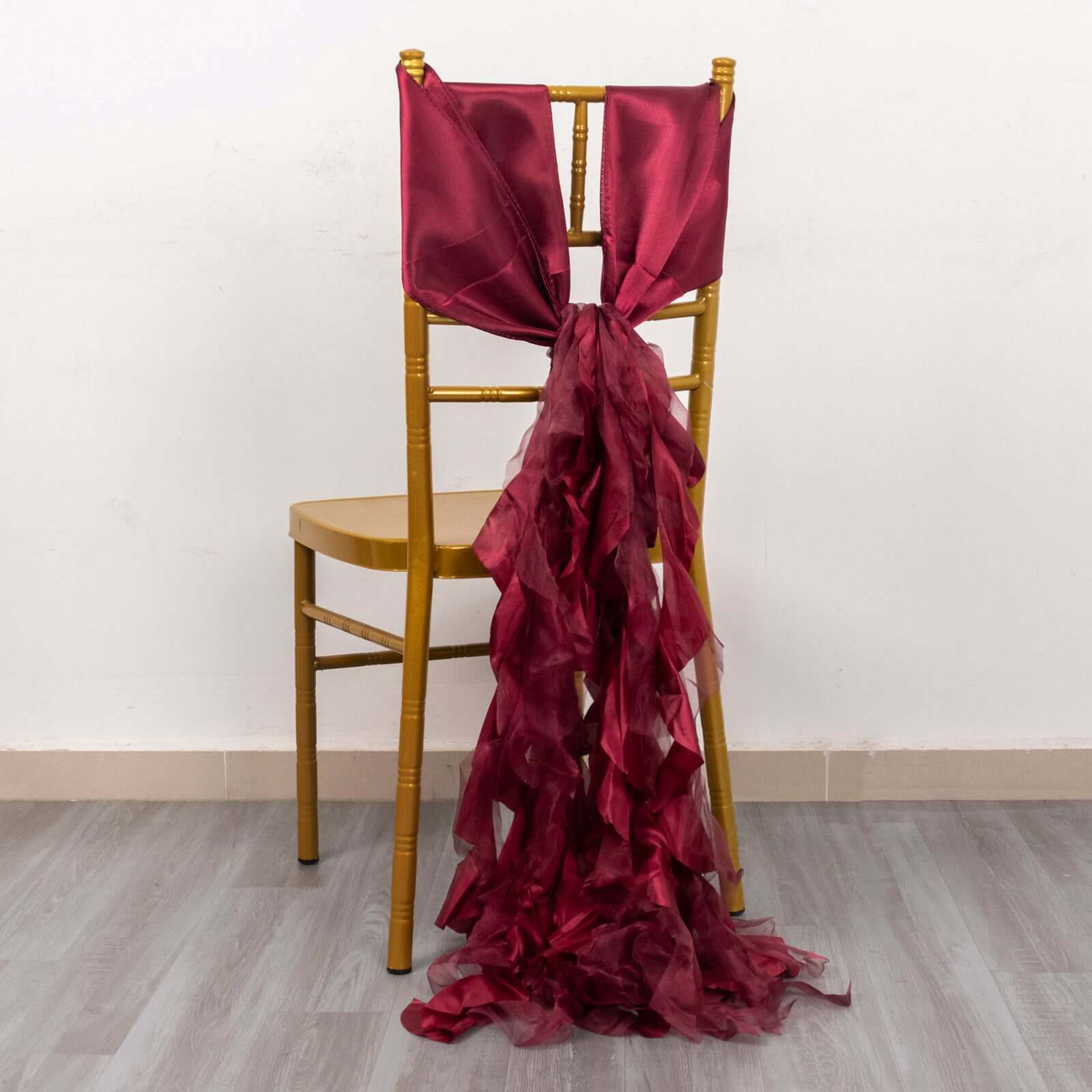 5 Pack Chiffon Satin Chair Sashes Burgundy - Easy to Install Ruffled Curly Willow