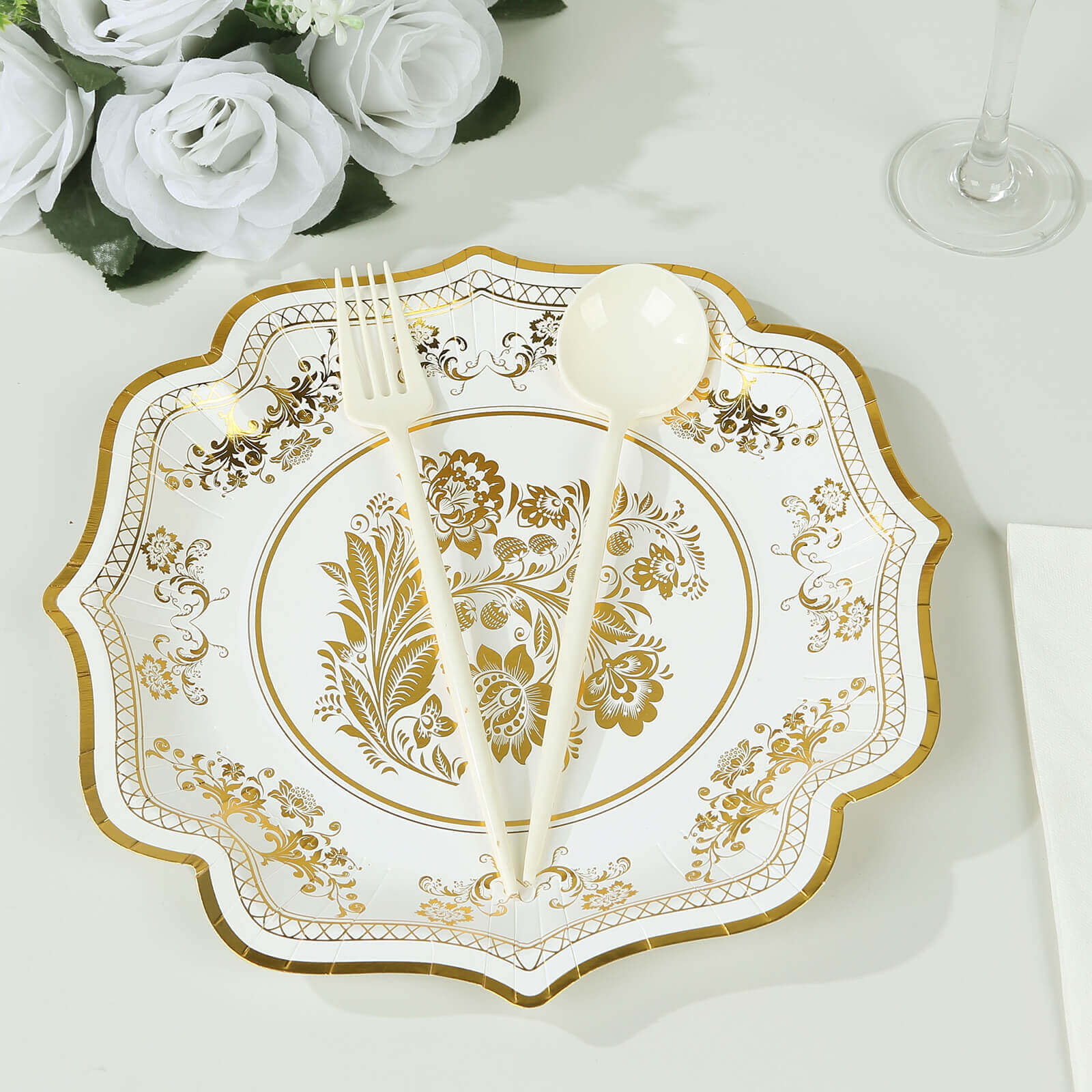 25-Pack Paper Dinner Plates in White with Gold French Toile Print & Scallop Rim - Stylish Disposable 300GSM Floral Party Plates for Weddings & Events 10