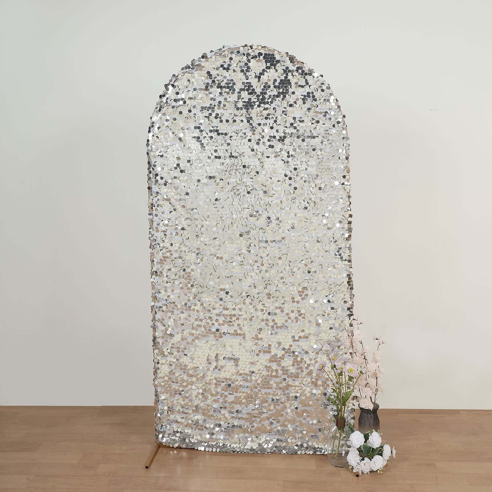 7ft Sparkly Silver Double Sided Big Payette Sequin Chiara Backdrop Stand Cover For Fitted Round Top Wedding Arch