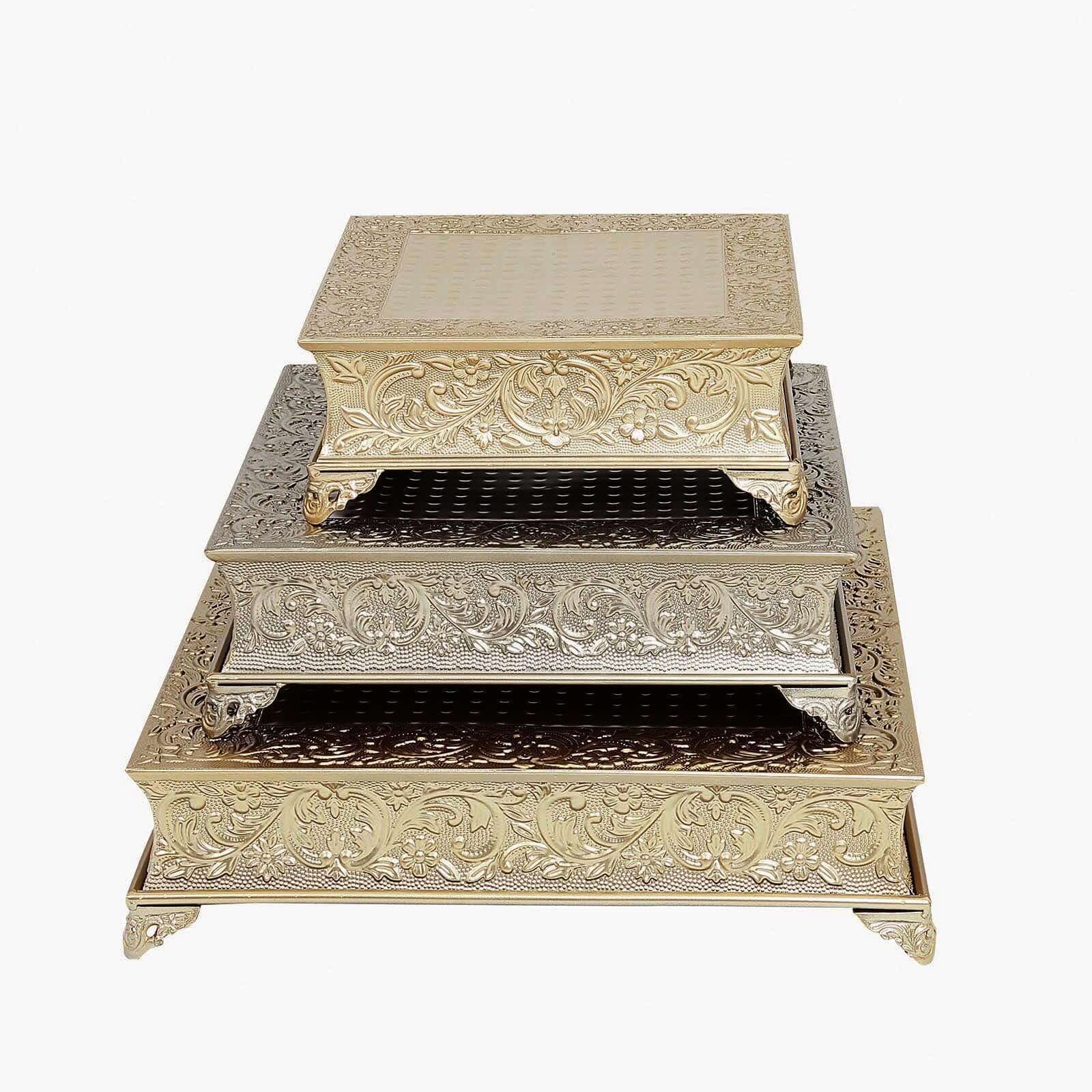 22 Square Gold Embossed Cake Pedestal, Metal Cake Stand Cake Riser