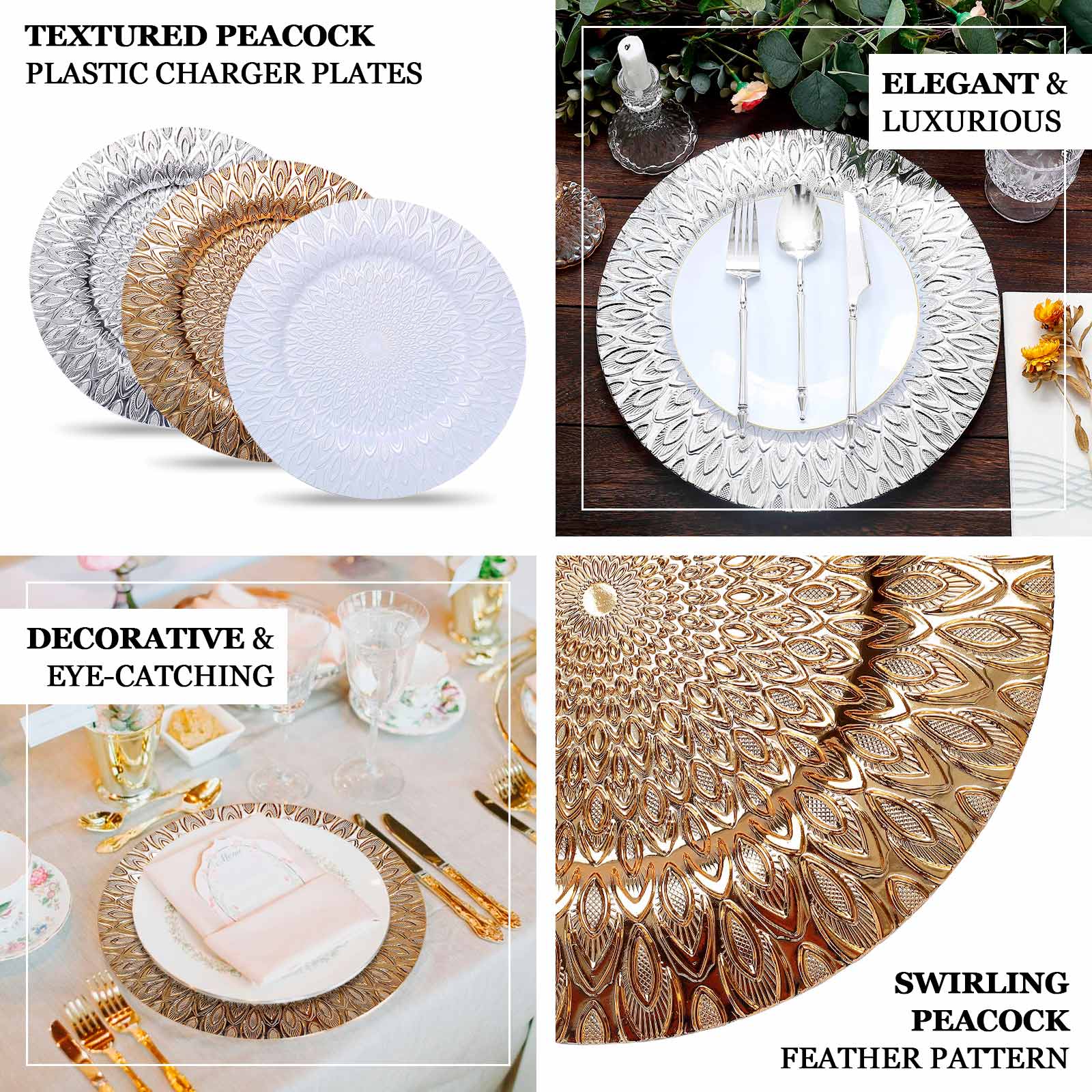 6-Pack Plastic Round Charger Plates 13 in Gold with Embossed Peacock Pattern, Stylish Disposable Charger Tableware