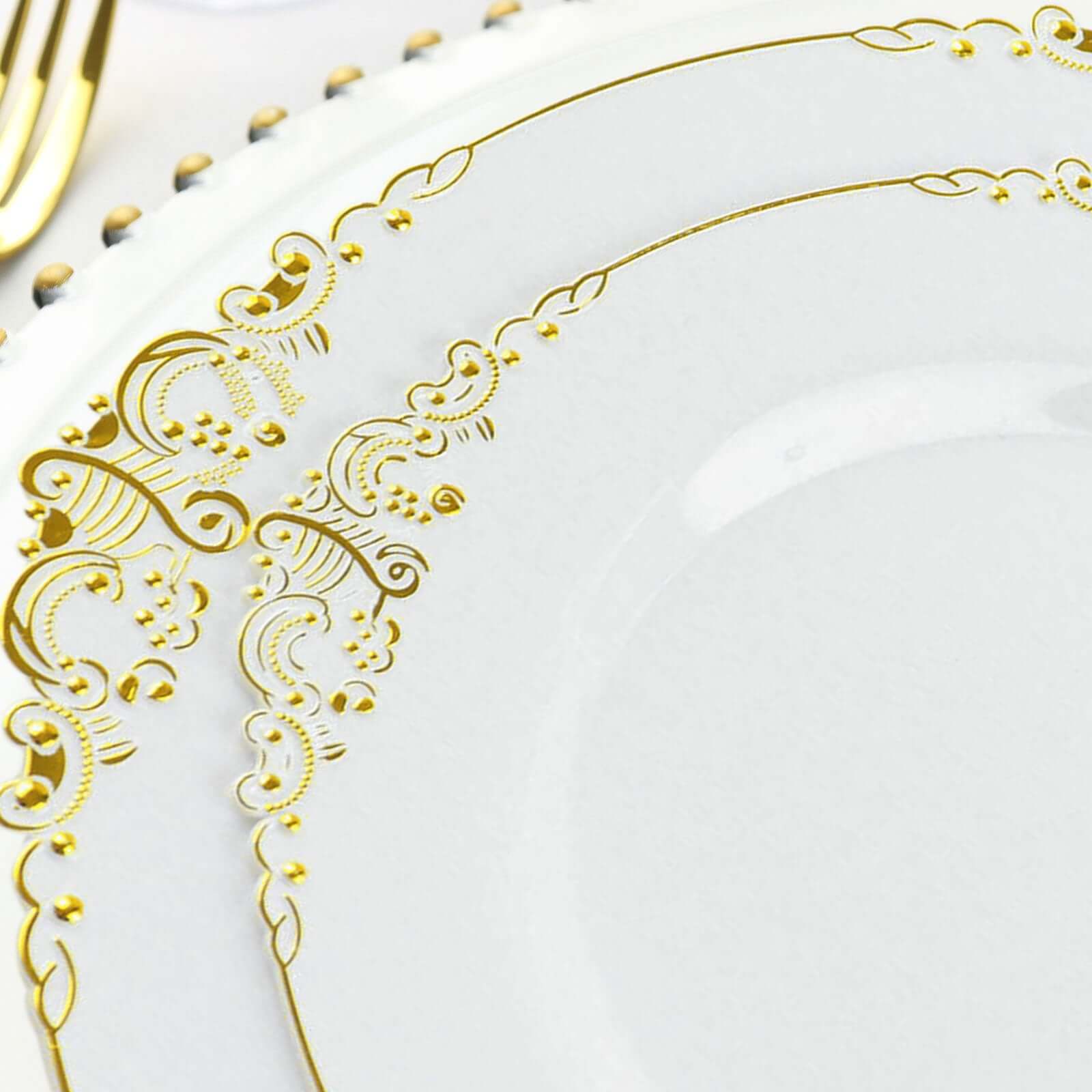 10-Pack Plastic 8 Round Dessert Plates in White with Gold Leaf Embossed Rim - Disposable Vintage Baroque Style Salad Plates for Luxurious Gatherings & Events