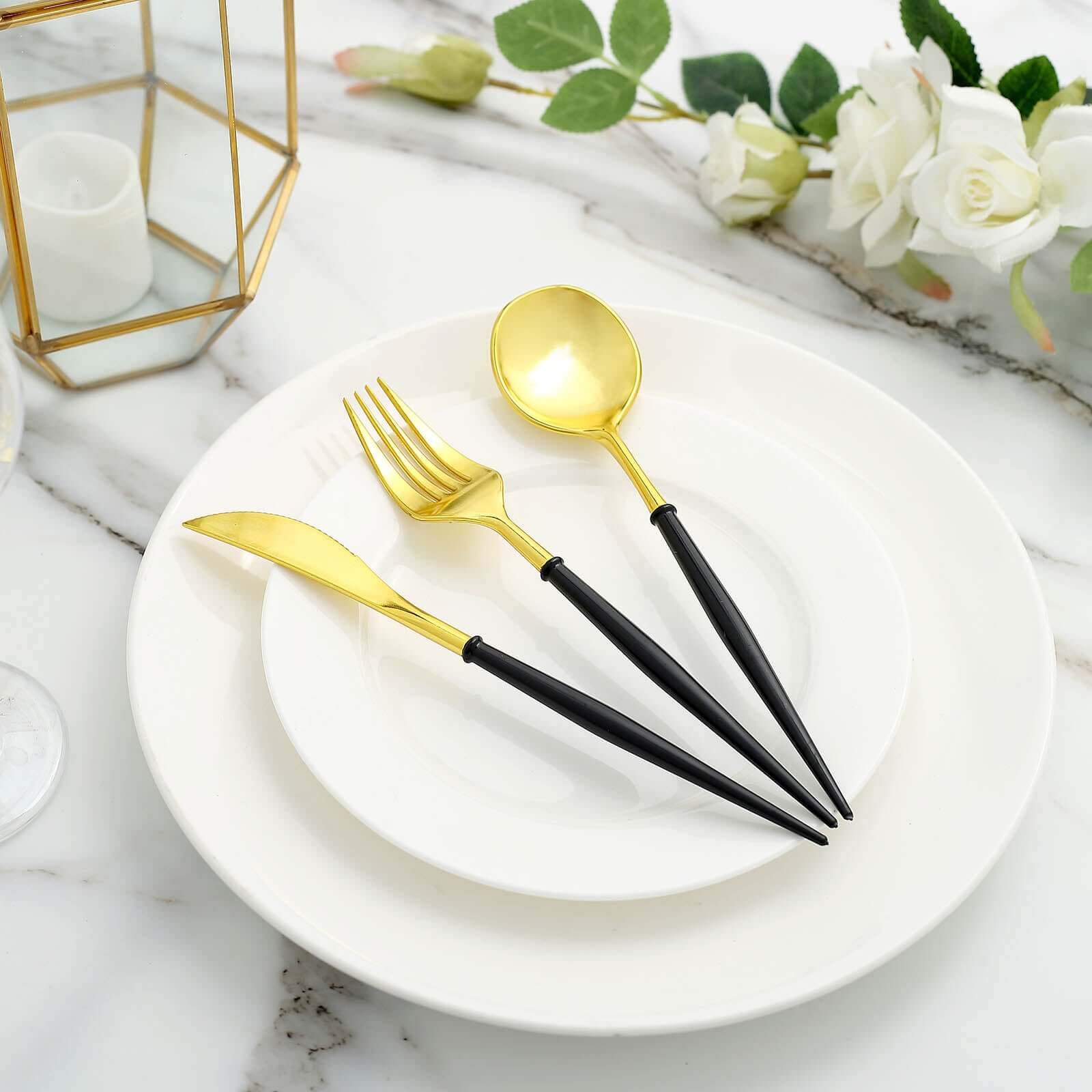 24-Pack Plastic Flatware Set in Metallic Gold with Black Handle - Heavy Duty Disposable Modern Silverware 8