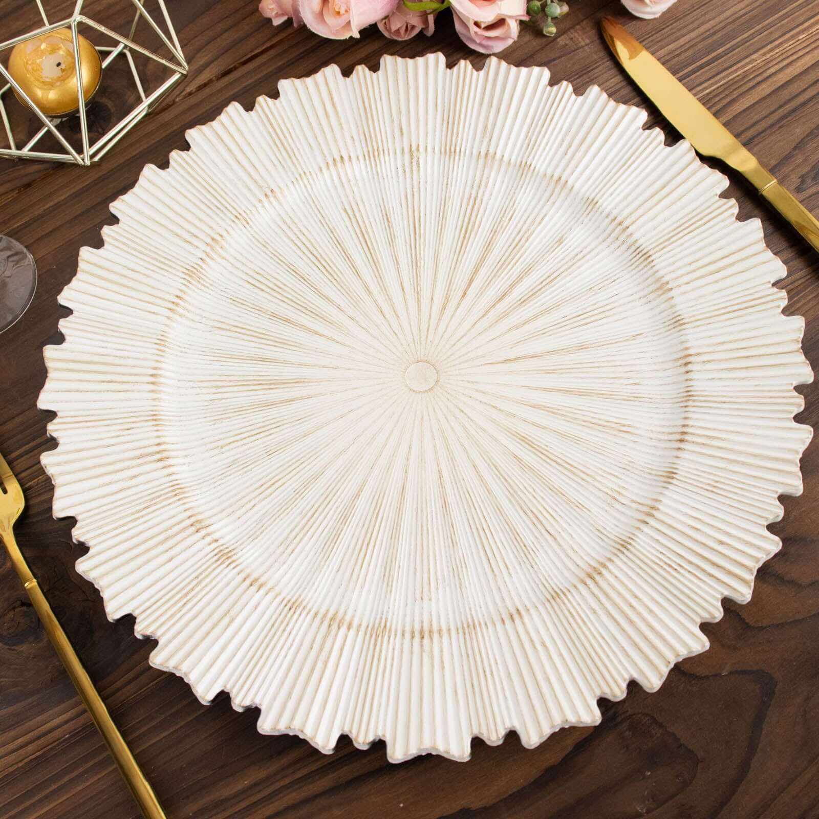 6-Pack Acrylic Plastic Round Charger Plates 13 in Antique White with Sunray Scalloped Rim, Decorative Dinner Party Charger Tableware