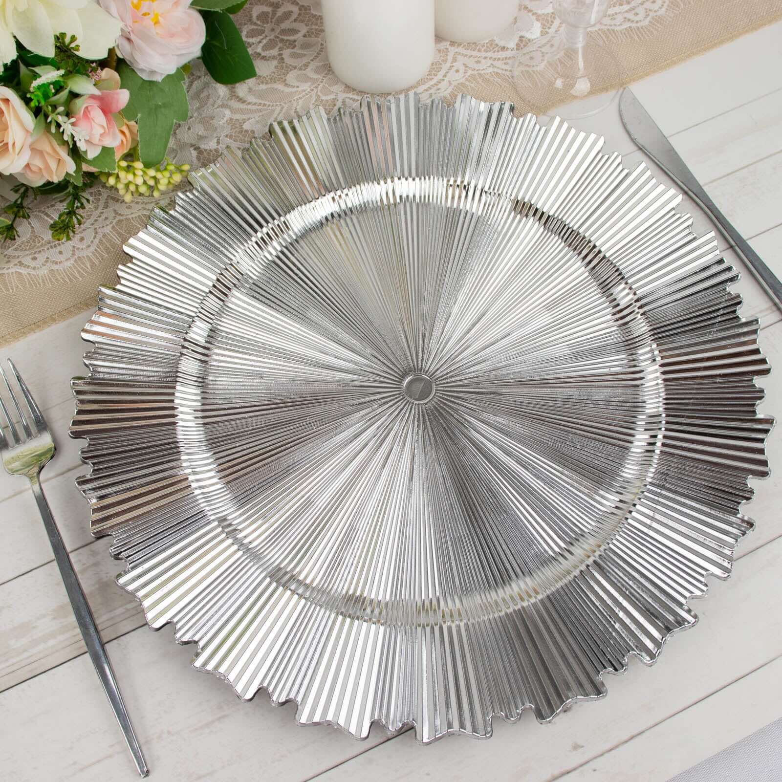 6-Pack Acrylic Plastic Round Charger Plates 13 in Metallic Silver with Sunray Scalloped Rim, Decorative Dinner Party Charger Tableware