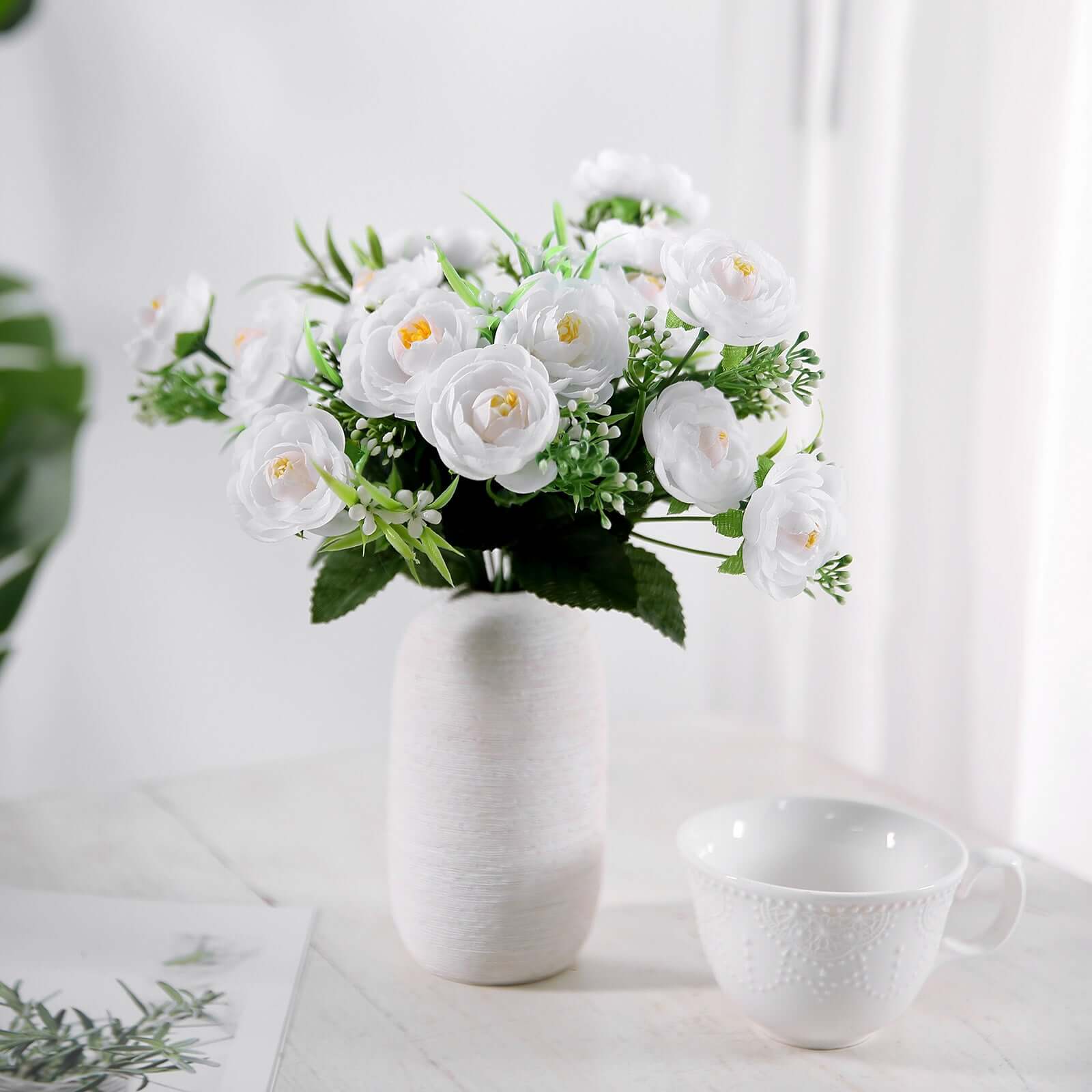 4 Bushes White Artificial Silk Peony Flower Bouquet Arrangement