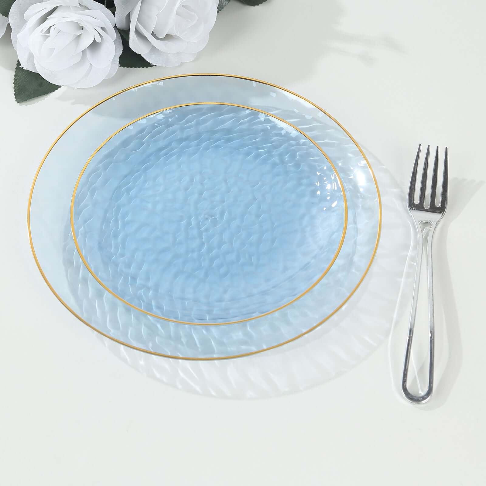 10-Pack Plastic 9 Round Dinner Plates in Transparent Dusty Blue Hammered Design with Gold Rim - Modern Disposable Party Plates