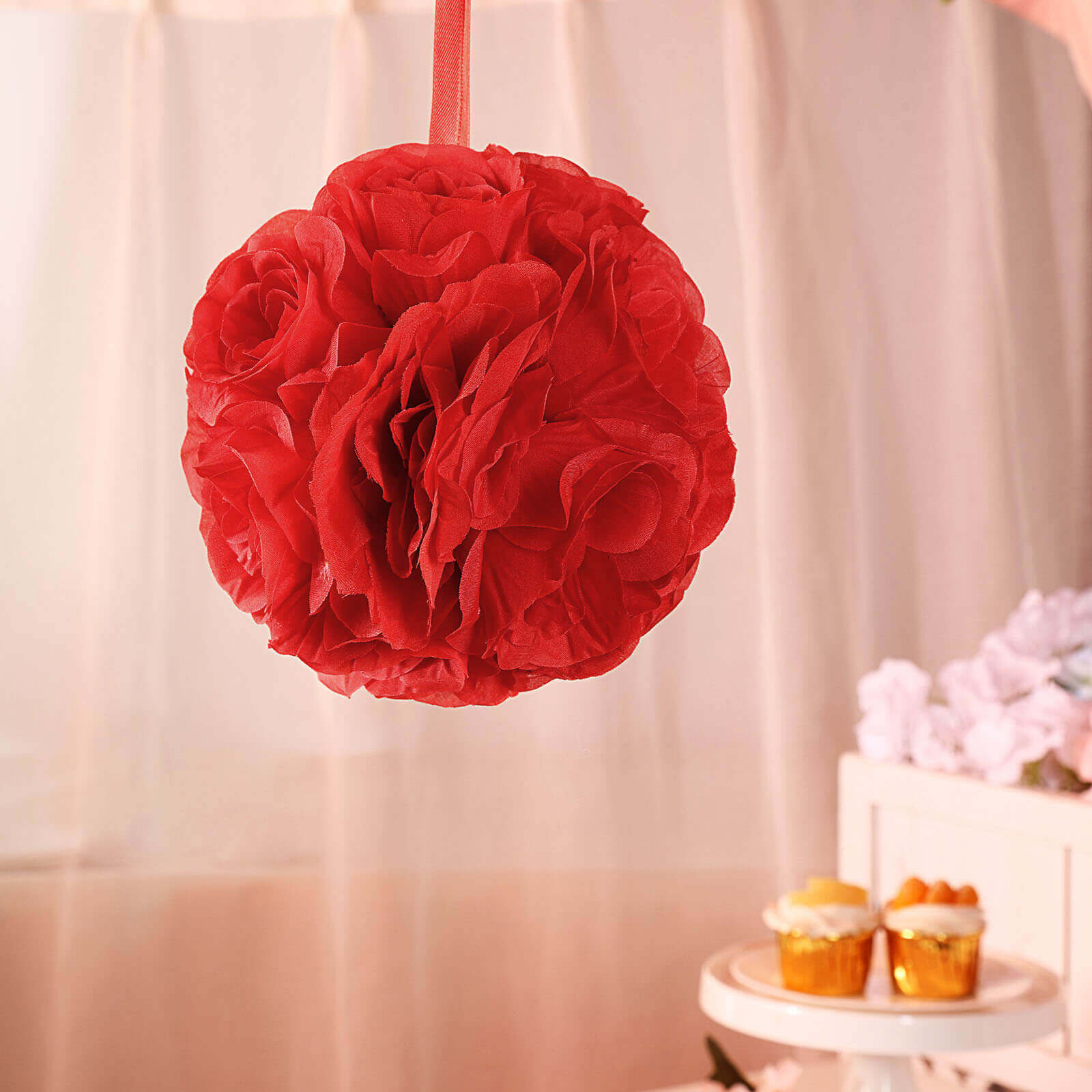 2 Pack 7 Red Artificial Silk Rose Kissing Ball, Faux Flower Ball