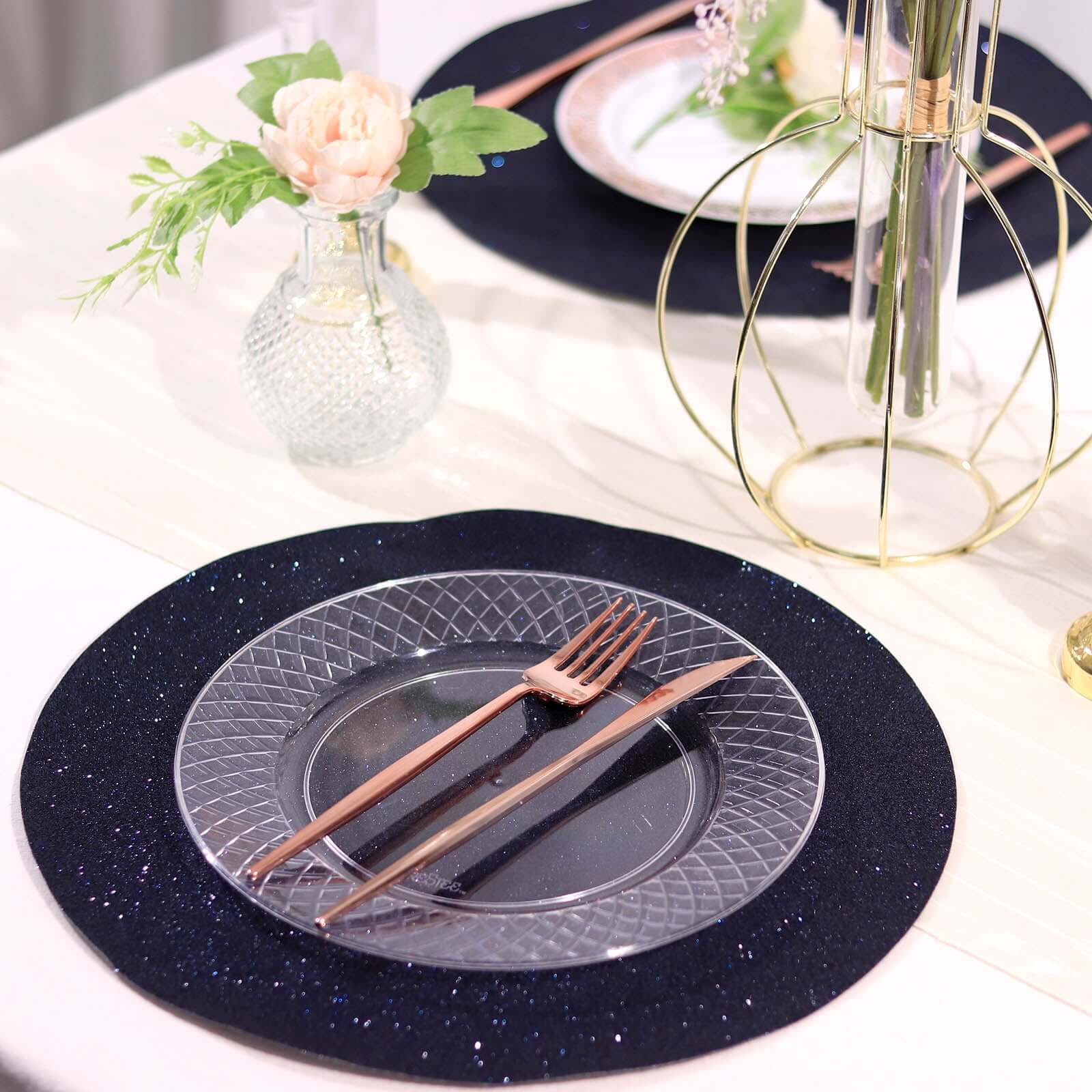 6-Pack Placemats Glitter Design Navy Blue Sparkle Round - Non-Slip Decorative Dining Table Mats 13