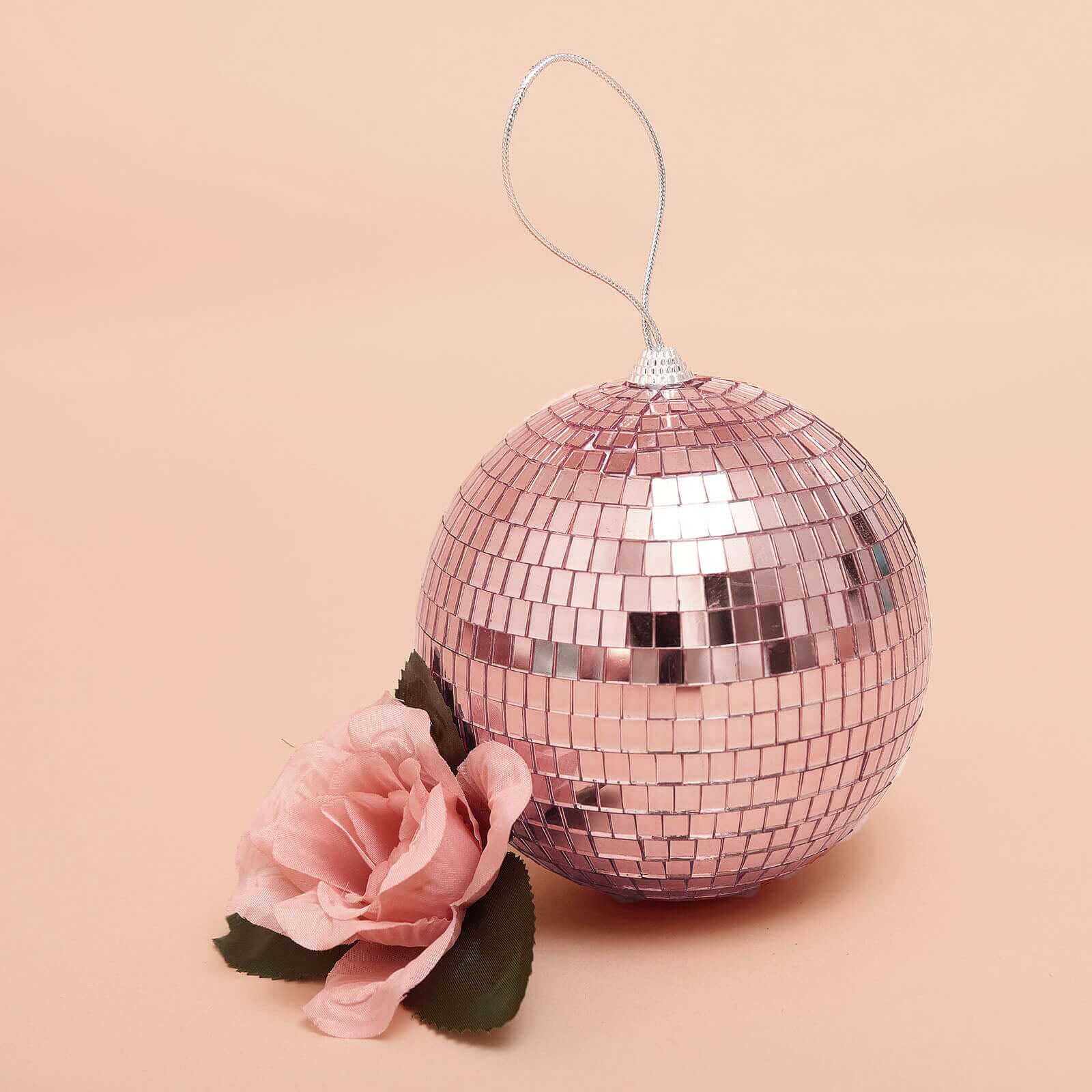 4 Pack 6 Rose Gold Foam Disco Mirror Ball With Hanging Strings, Holiday Christmas Ornaments