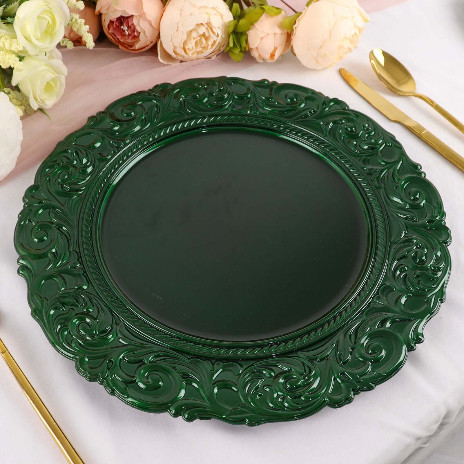 6-Pack Acrylic Round Charger Plates 14 in Hunter Emerald Green with Engraved Baroque Rim, Vintage Disposable Decorative Chargers