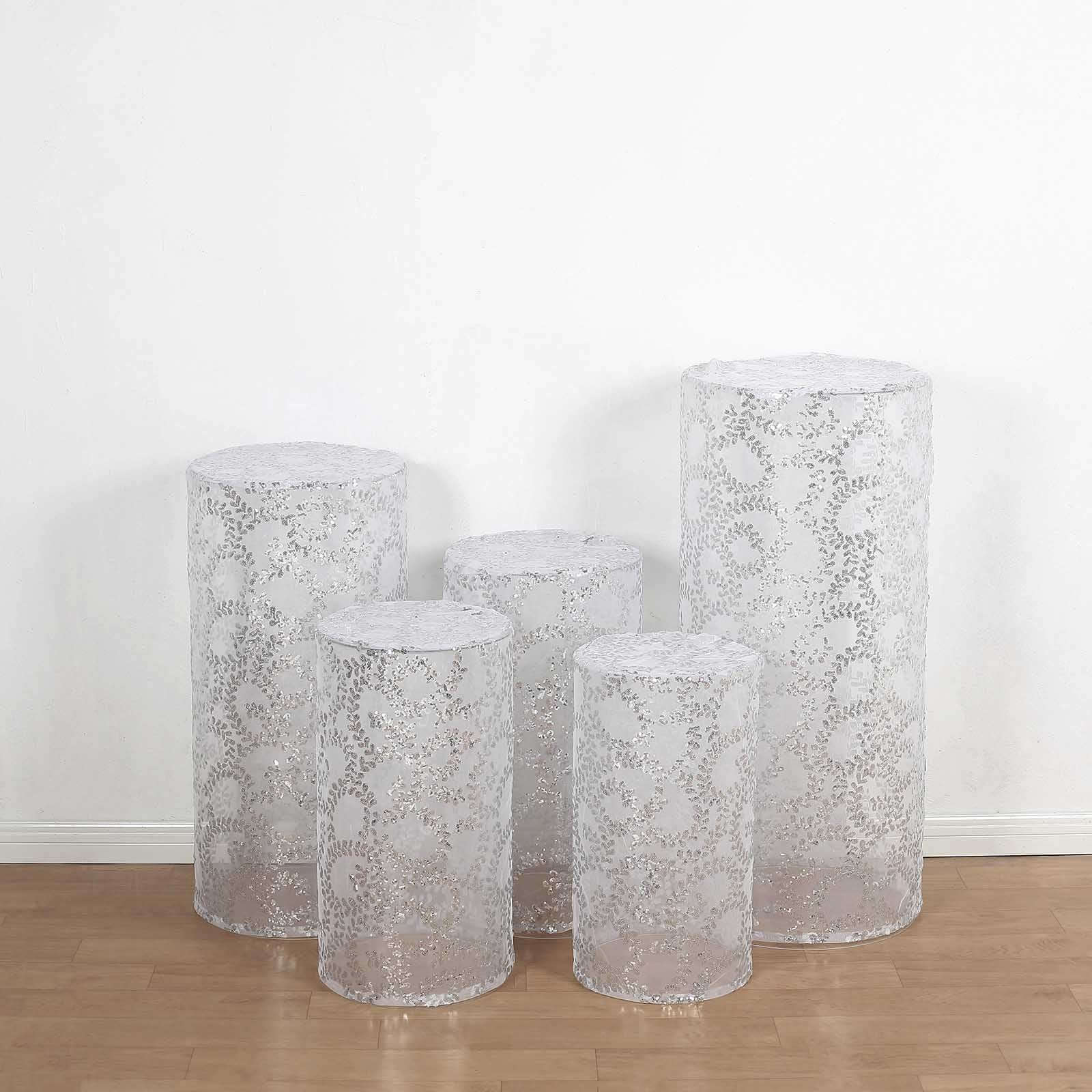 Set of 5 Silver Sequin Mesh Cylinder Pedestal Stand Covers with Leaf Vine Embroidery, Sparkly Sheer Tulle Pillar Prop Covers