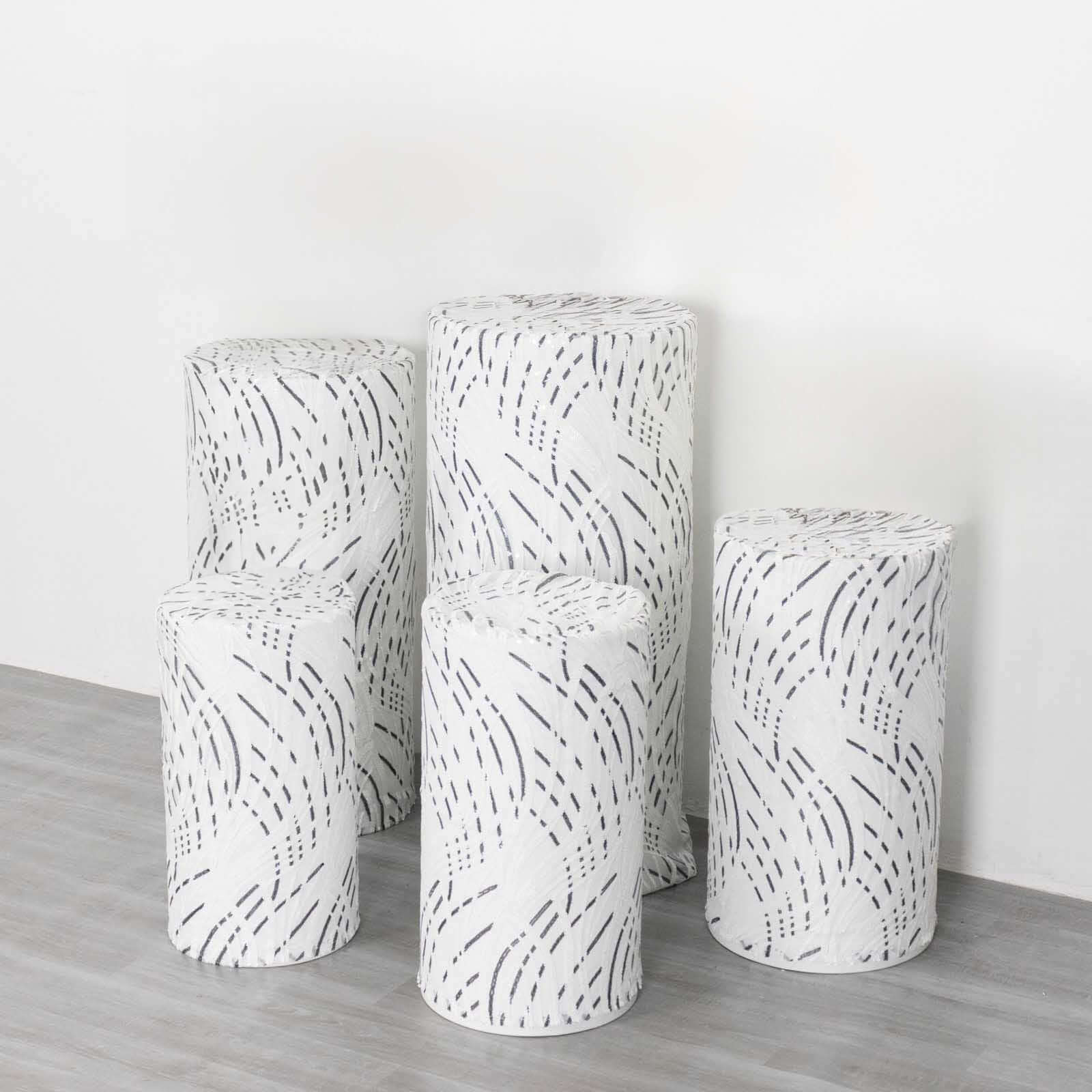 Set of 5 White Wave Mesh Cylinder Pedestal Stand Covers with Embroidered Sequins, Pillar Prop Covers - 160 GSM