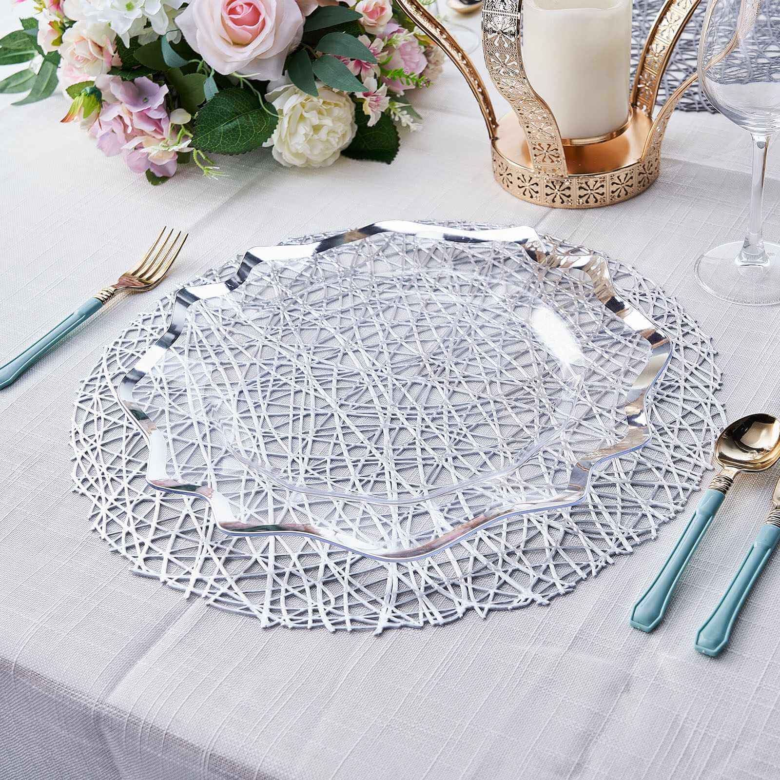 6-Pack Vinyl Placemats Silver Woven Design - Durable Non-Slip Round Table Mats for Dining 15