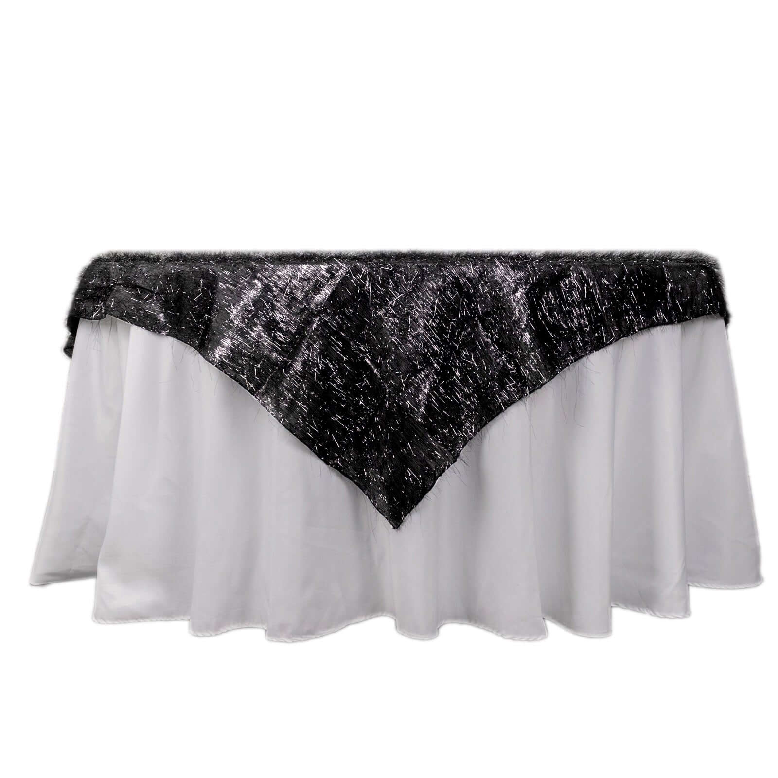 Polyester 72x72 Table Overlay Square Tablecloth Black - Metallic Fringe Shag Tinsel Table Cover