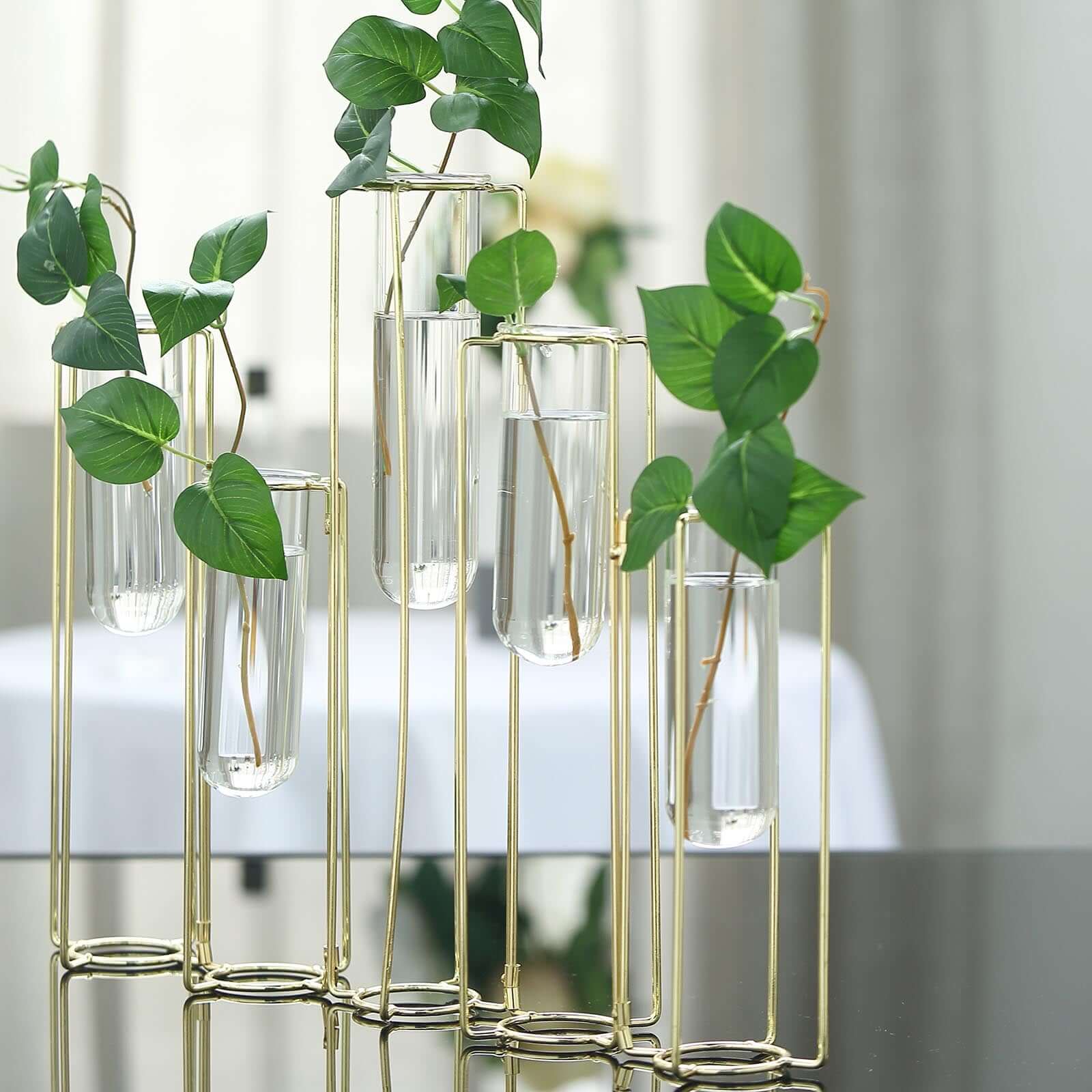 Set of 5 Wedding Centerpieces Gold Frame Conjoined Geometric Design - Test Tube Hydroponic Vases 12