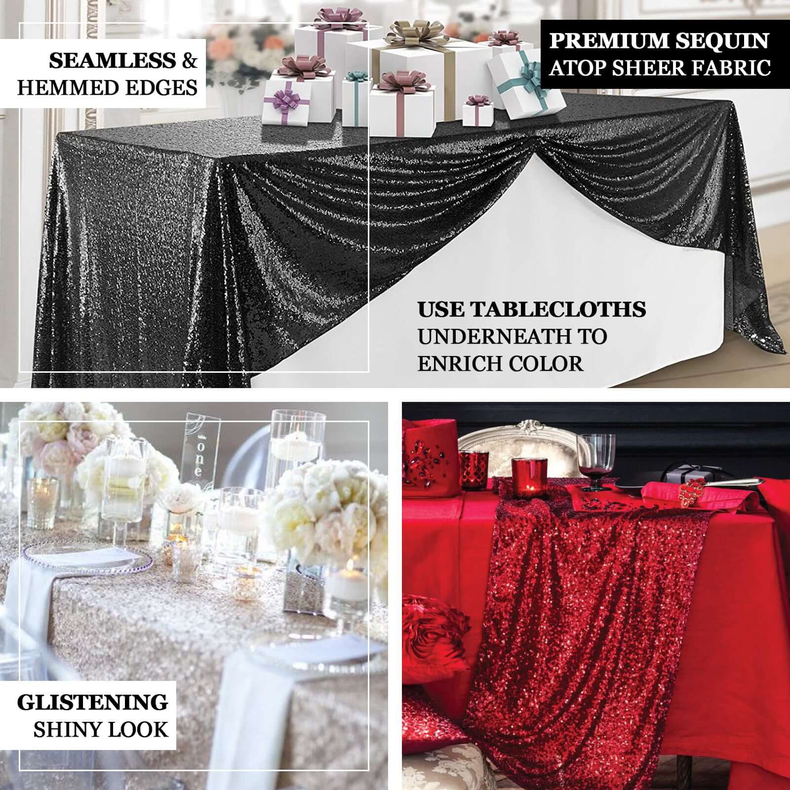 Sequin 90x156 Rectangle Tablecloth Red - Seamless Twinkling Table Cover