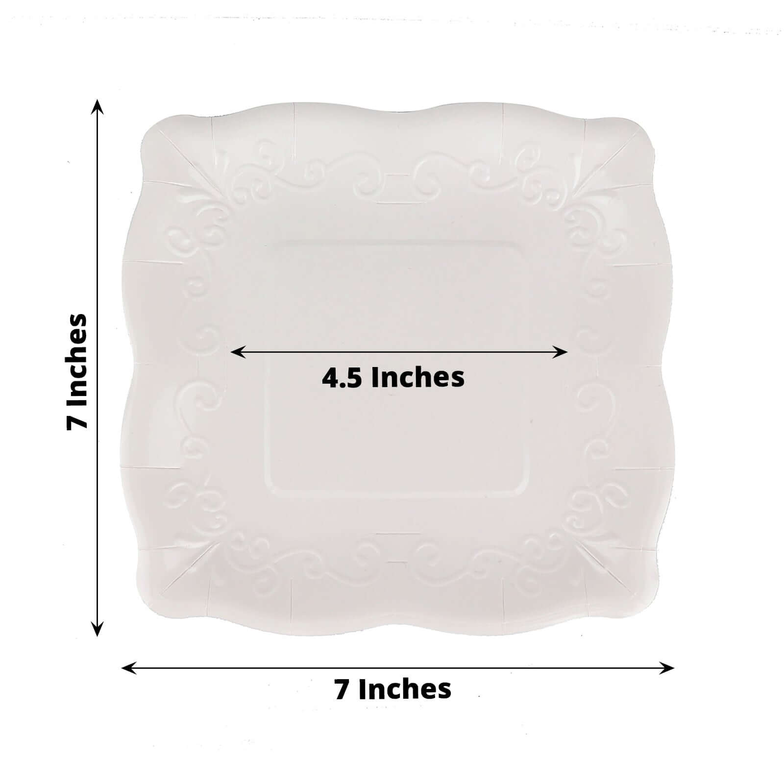 25-Pack Paper 7 Square Dessert Plates in White with Vintage Pottery Embossed Design - Shiny Disposable Appetizer Plates