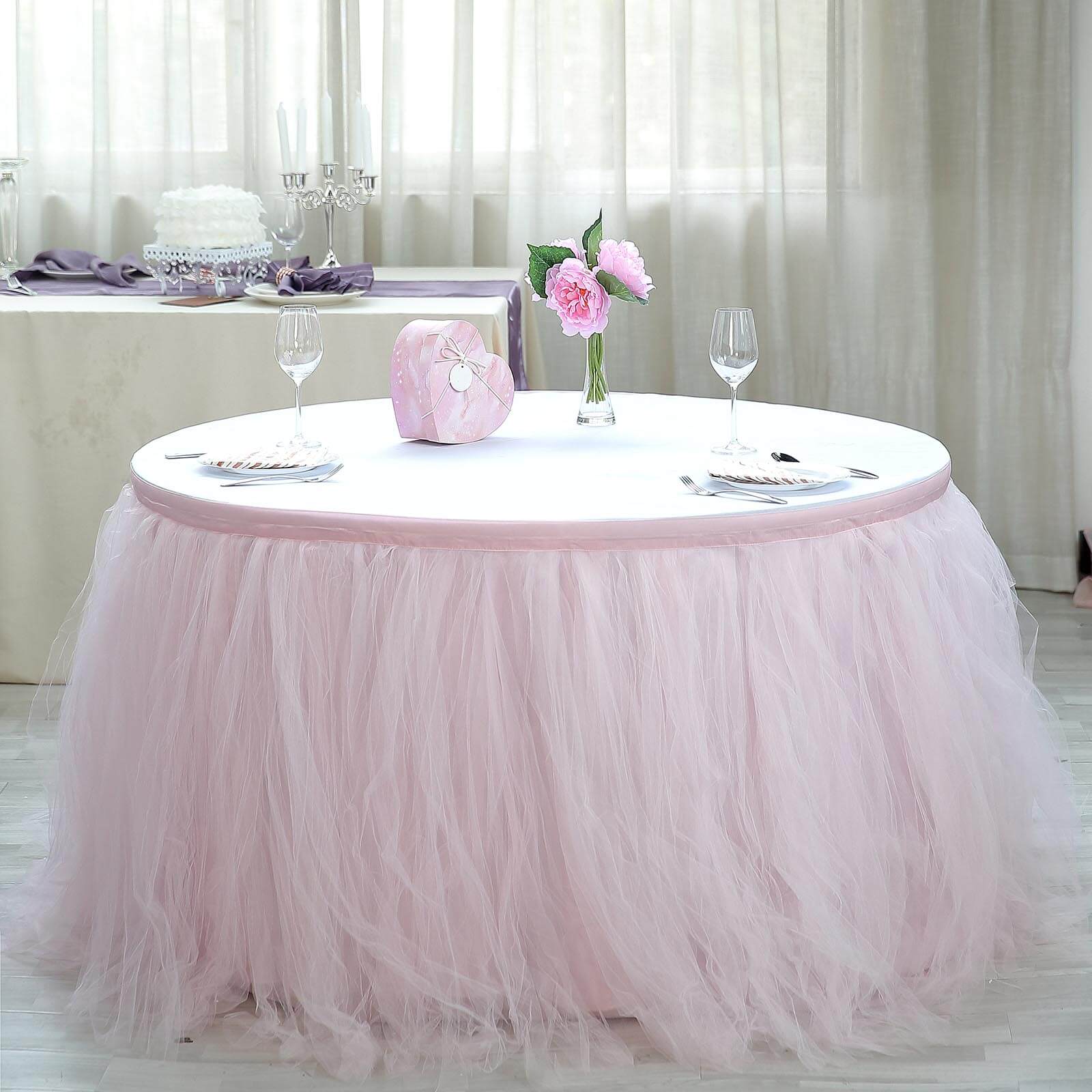 Tulle 21ft Table Skirt Blush - 4 Layer Pleated Tutu Table Cover