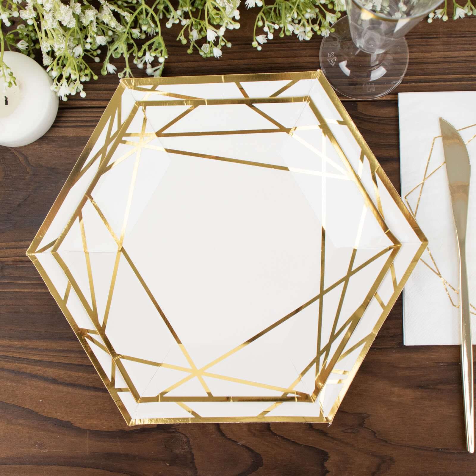 25-Pack Paper 7 Hexagon Dessert Plates in White with Gold Geometric Lines & Rim - Stylish Disposable Geometric 300GSM Appetizer Salad Plates for Events & Banquets