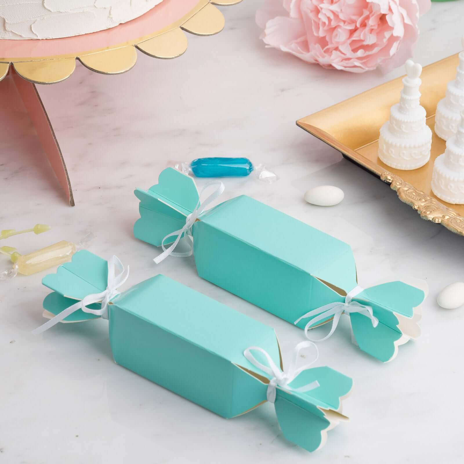 25 Pack Turquoise Candy Shape W Satin Ribbon Party Favor Gift Boxes - Clearance SALE