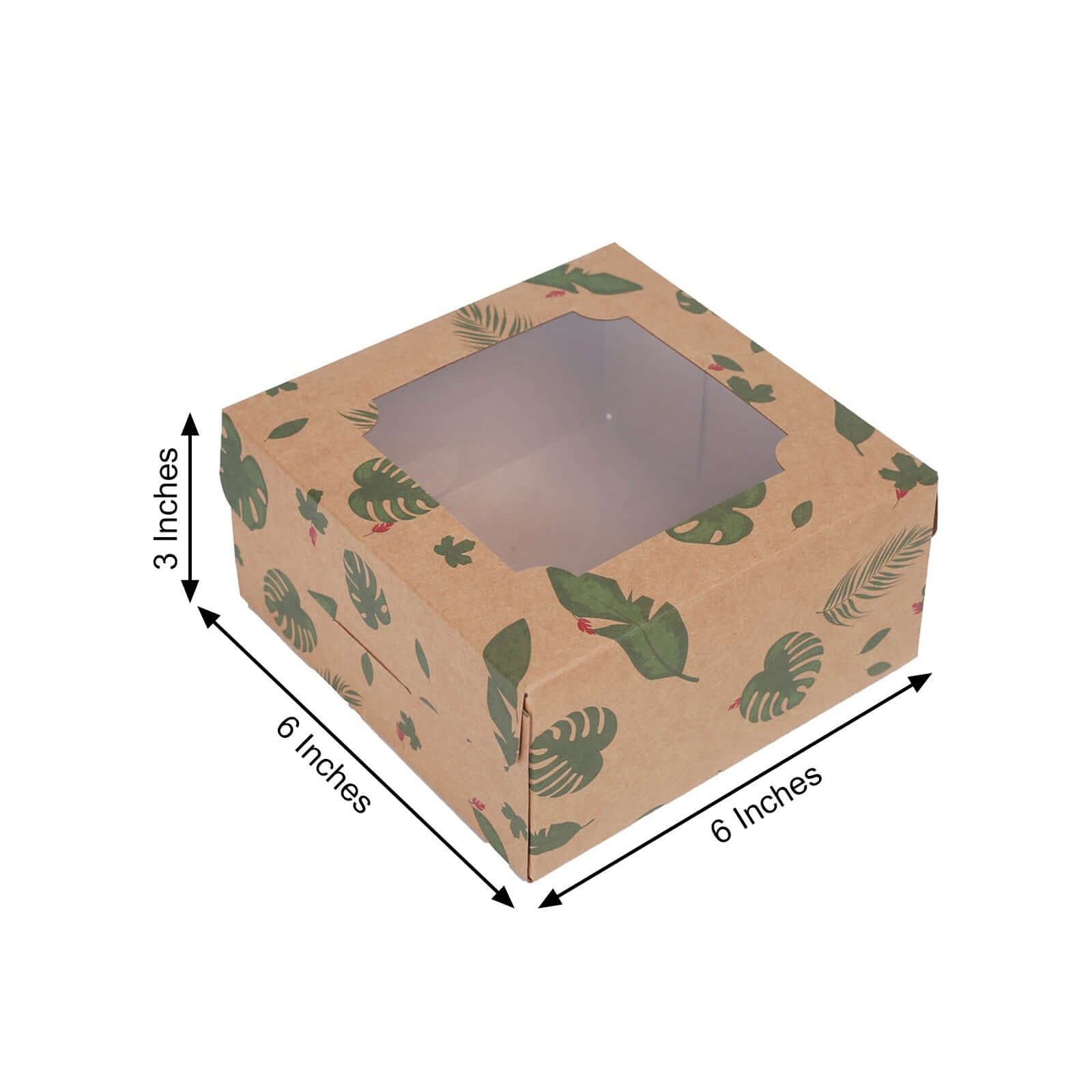 12-Pack Cardstock Cookie Boxes with Display Window - Tropical Leaf Design Disposable Treat Bakery Boxes for Donuts Cupcakes Strawberries & Pastries 6x6x3