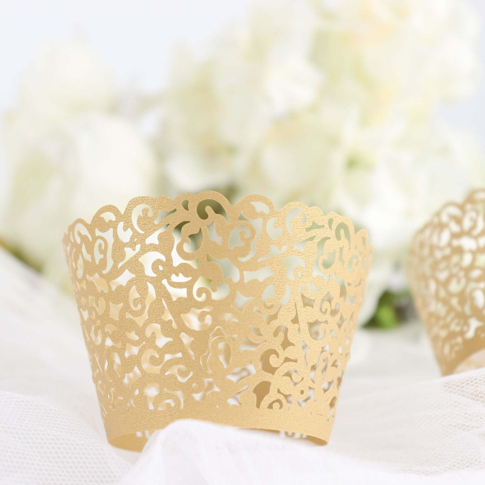 25-Pack Paper Cupcake Wrappers Lace Laser Cut Design Gold - Muffin Baking Cup Trays for Events