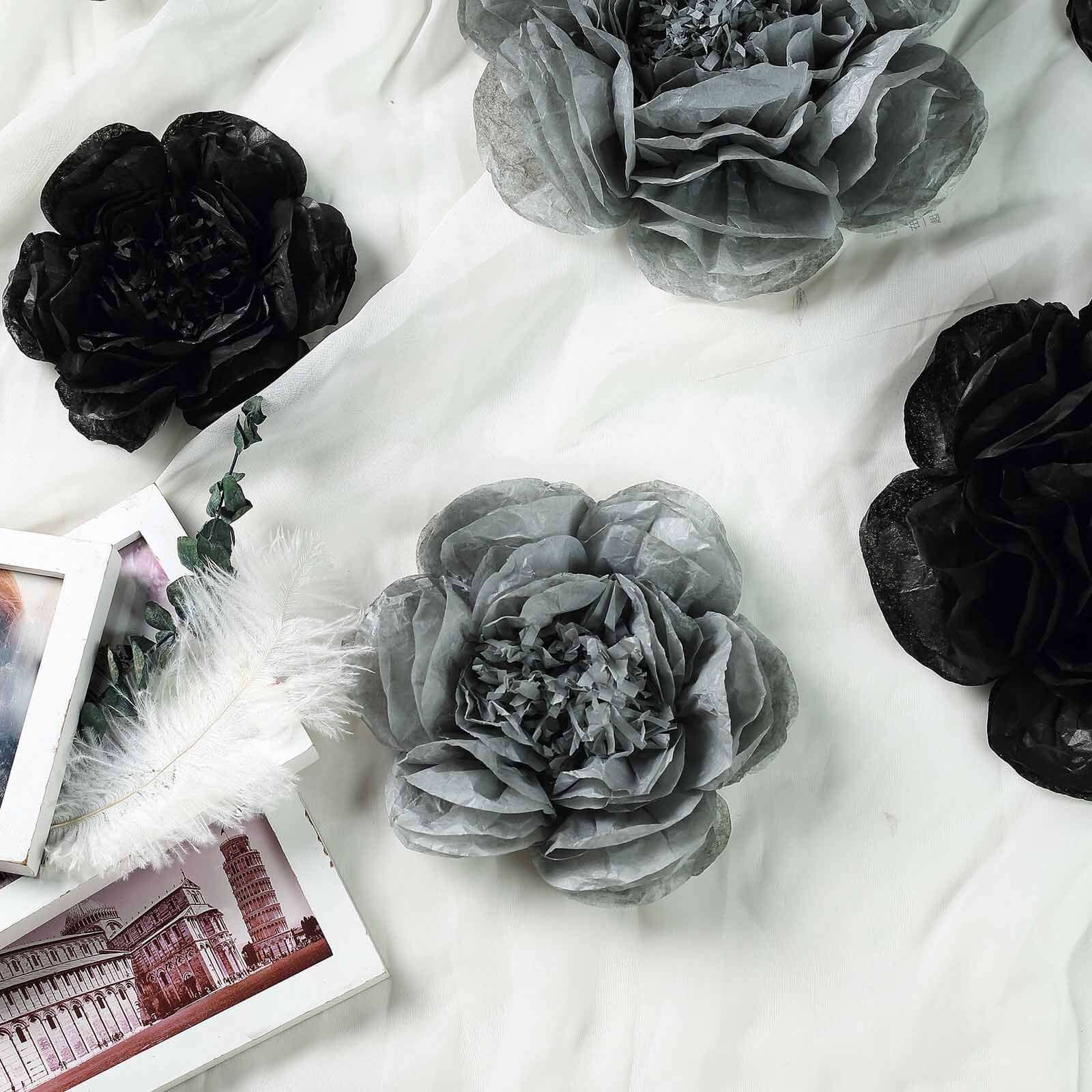 Set of 6 Black Charcoal Gray Peony 3D Paper Flowers Wall Decor - 7,9,11