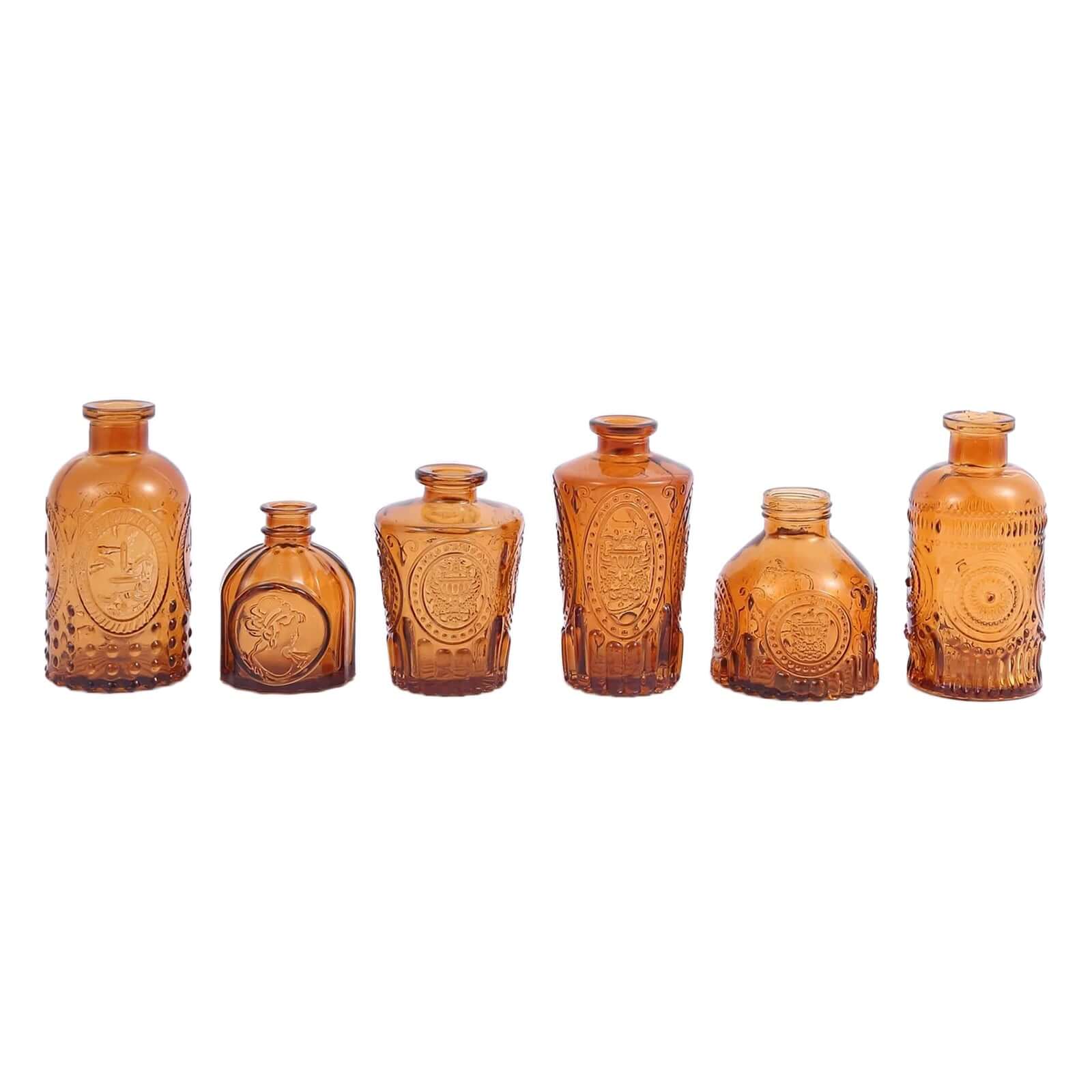 Set of 6 Embossed Glass Bud Vases Vintage Amber Gold - Apothecary Style Decorative Table Centerpieces